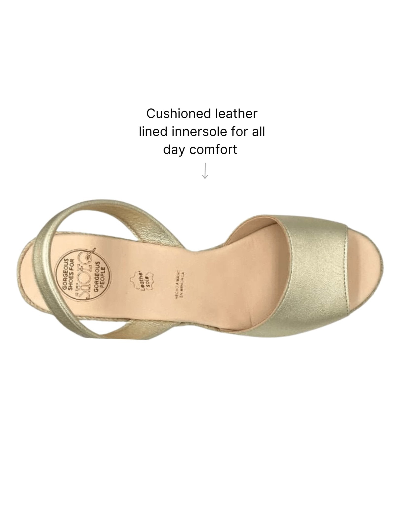 Champagne gold espadrille wedges cushioned insole close up

