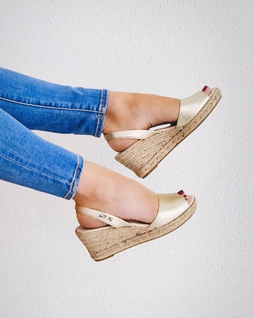 Classic Espadrille Wedge in Champagne Metallic handcrafted in Spain