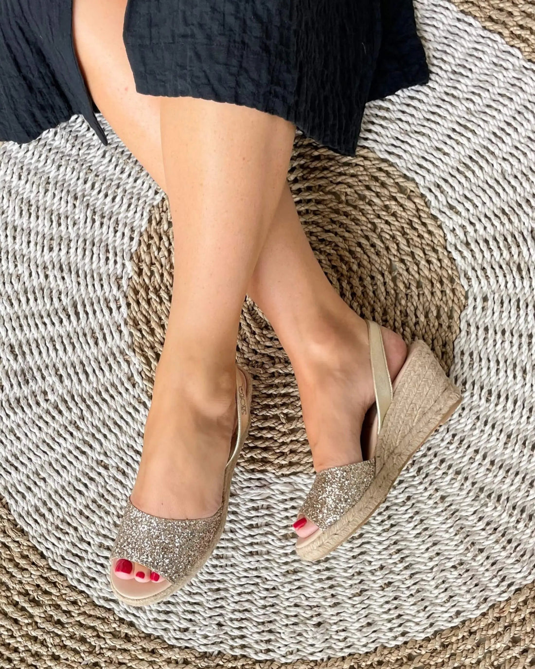 Champagne Glitter Espadrille Wedge handcrafted Spain Shoeq
