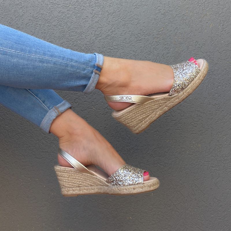 Classic Espadrille Wedge in Champagne Glitter Shoeq