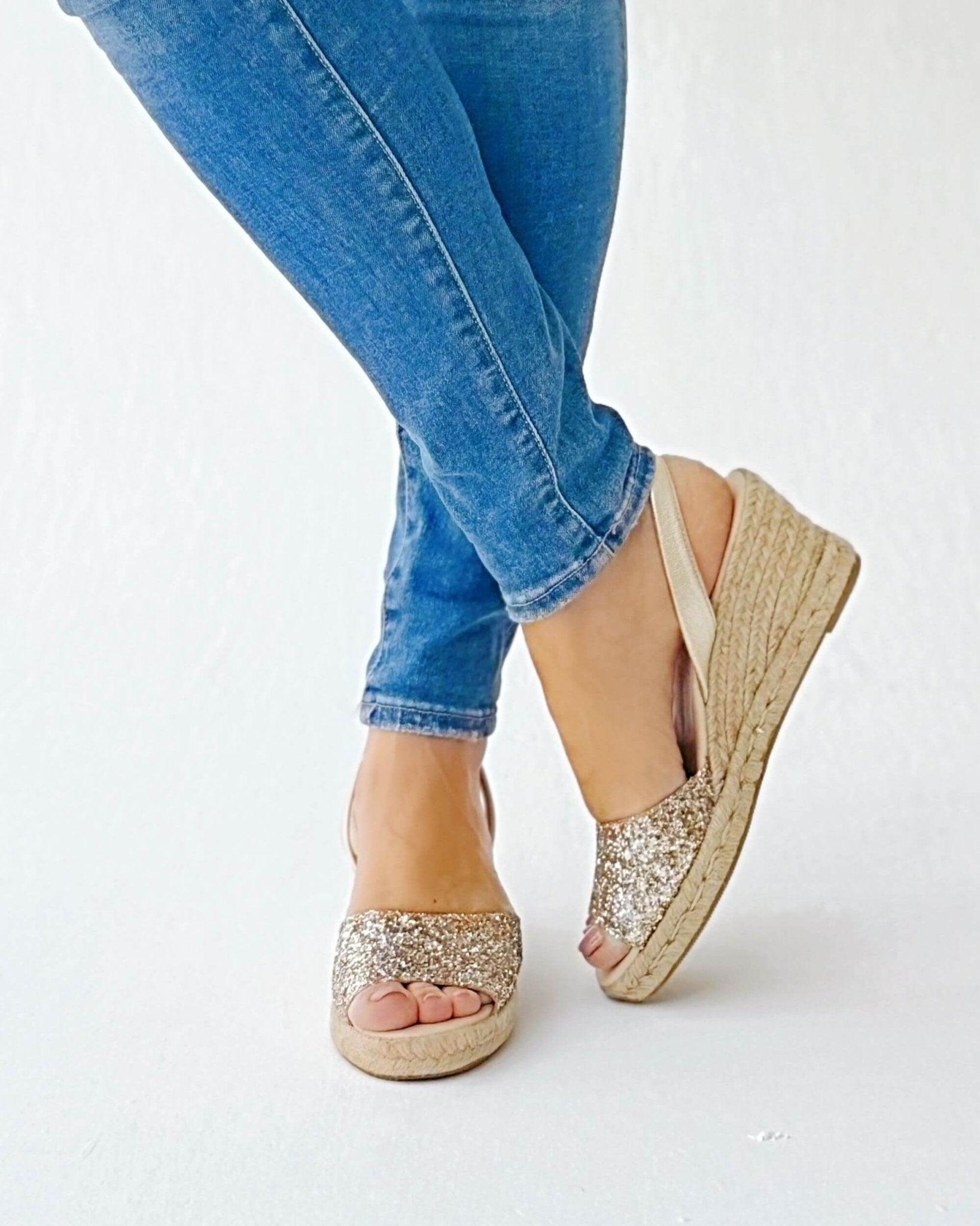 Spanish leather glitter espadrille wedges 7cm jute heel events