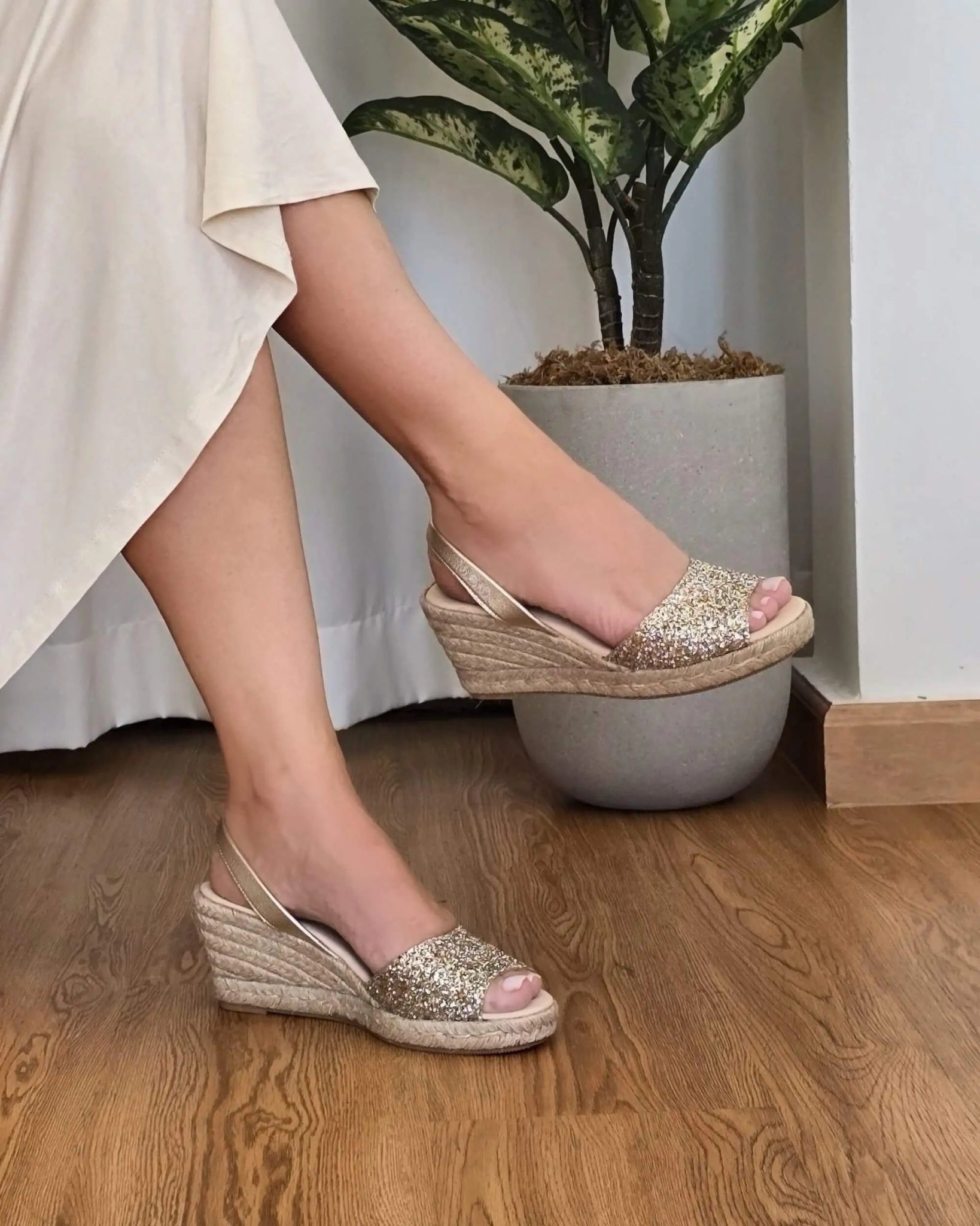 Champagne glitter espadrille wedges side view celebration styling
