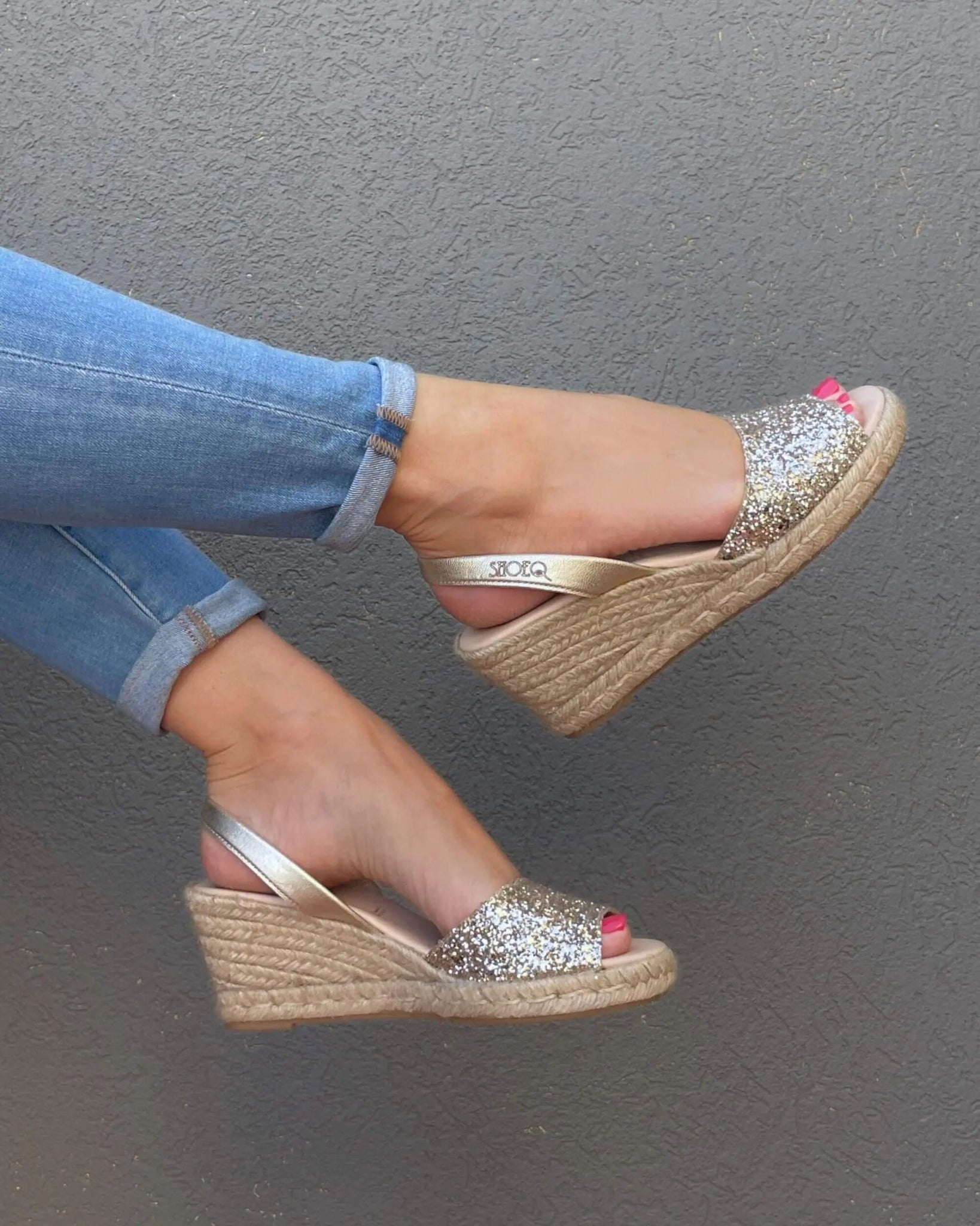 Handmade Spanish glitter espadrille wedges champagne peep toe
