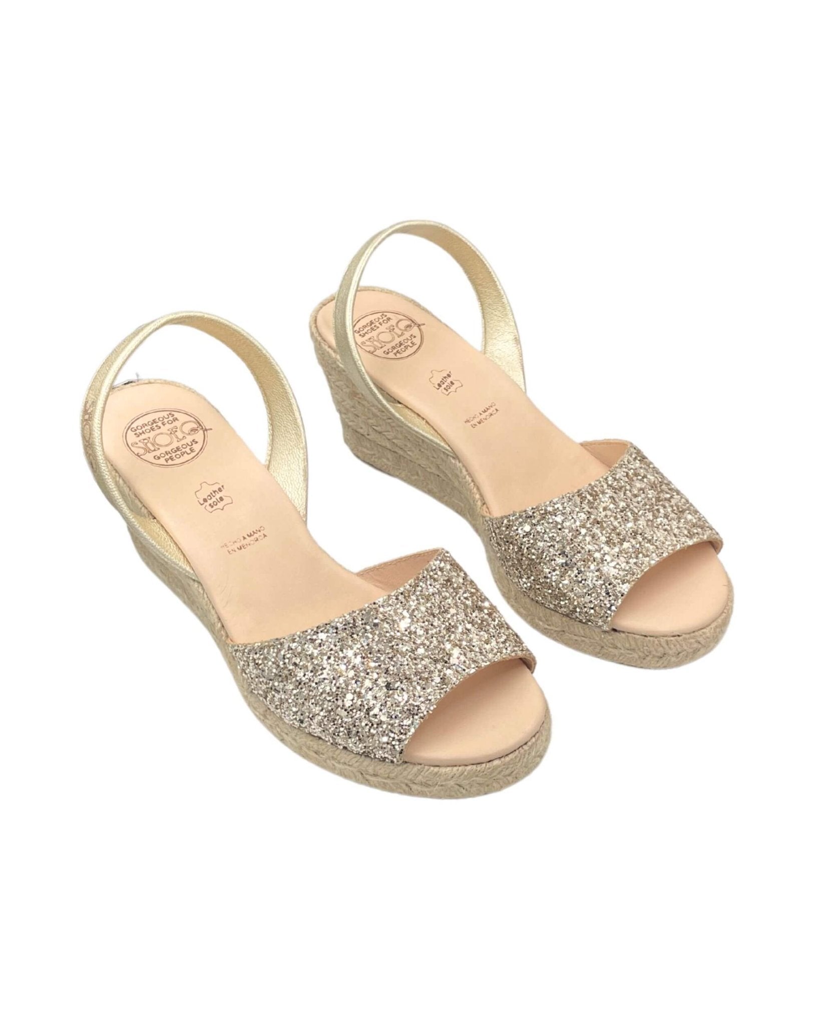 Menorca handmade glitter wedge espadrilles champagne party wear
