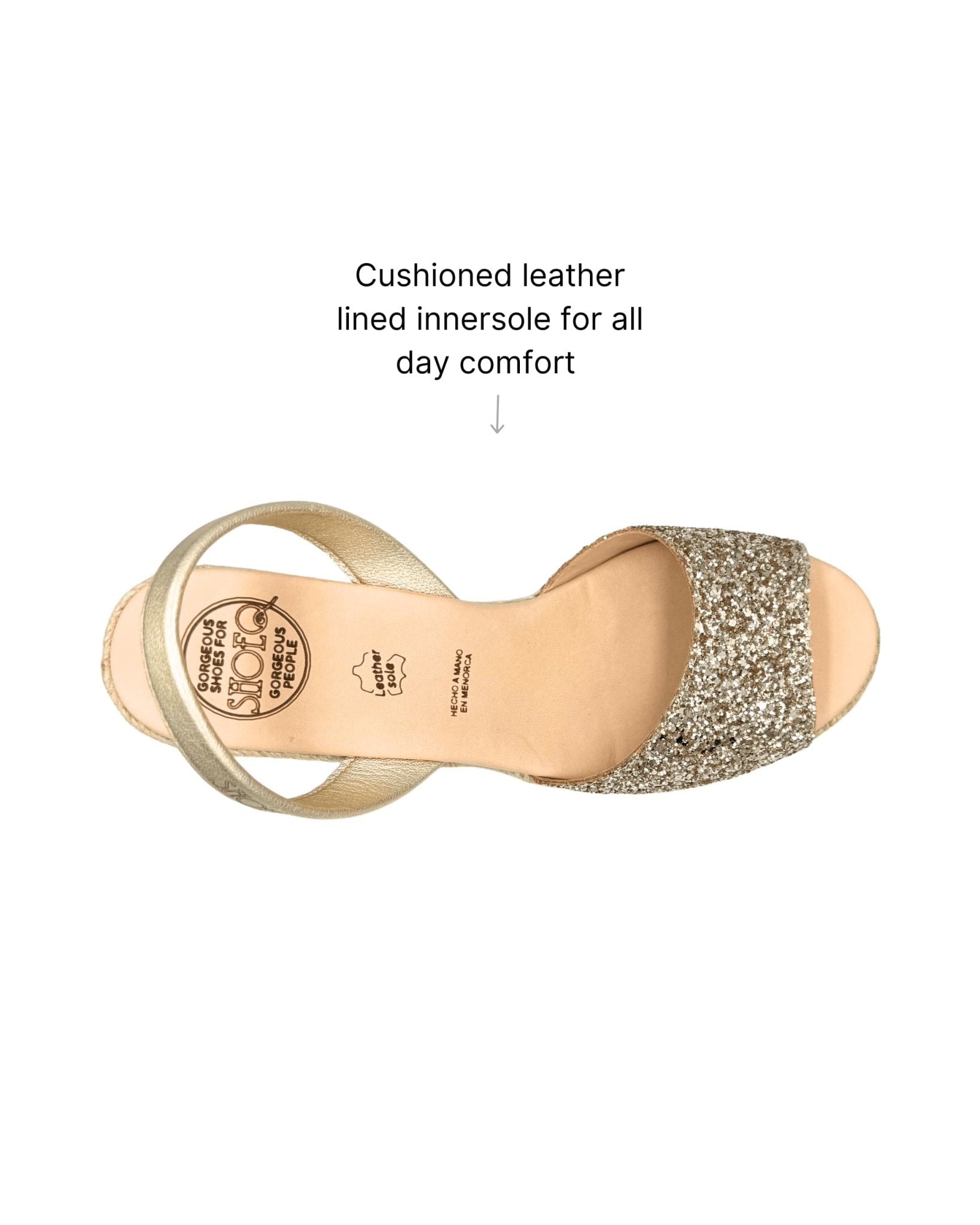 Glamorous glitter espadrille wedges handcrafted Menorca cushioned
