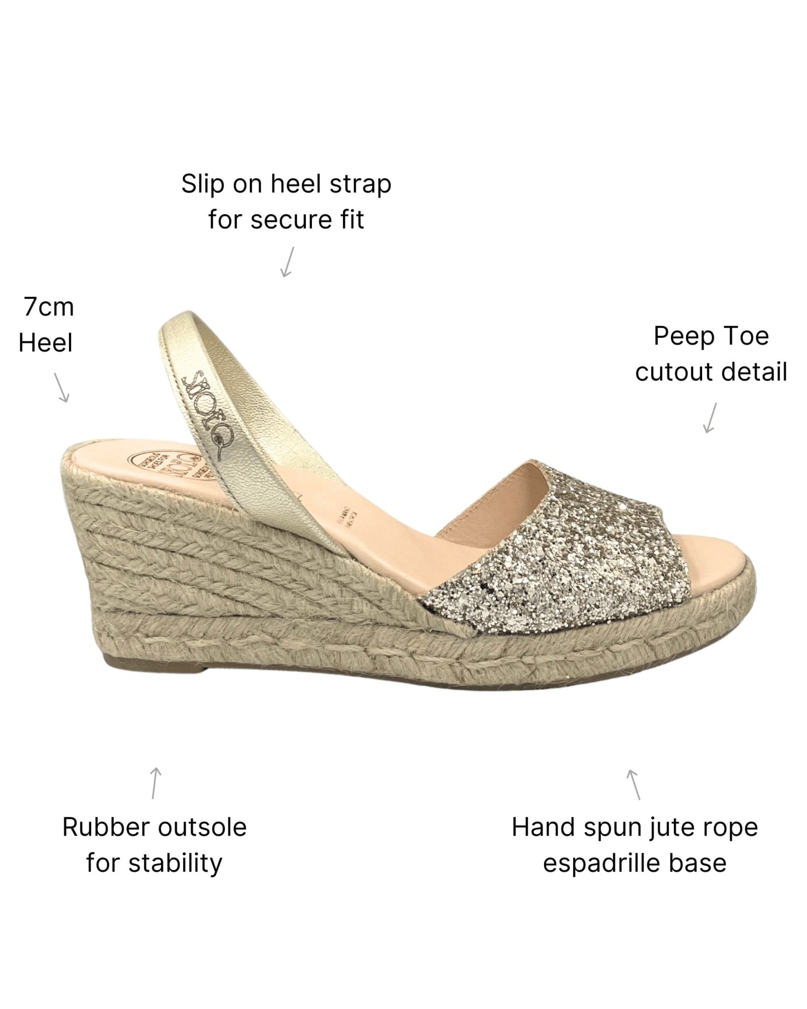 Peep toe glitter wedge espadrilles champagne leather slingback
