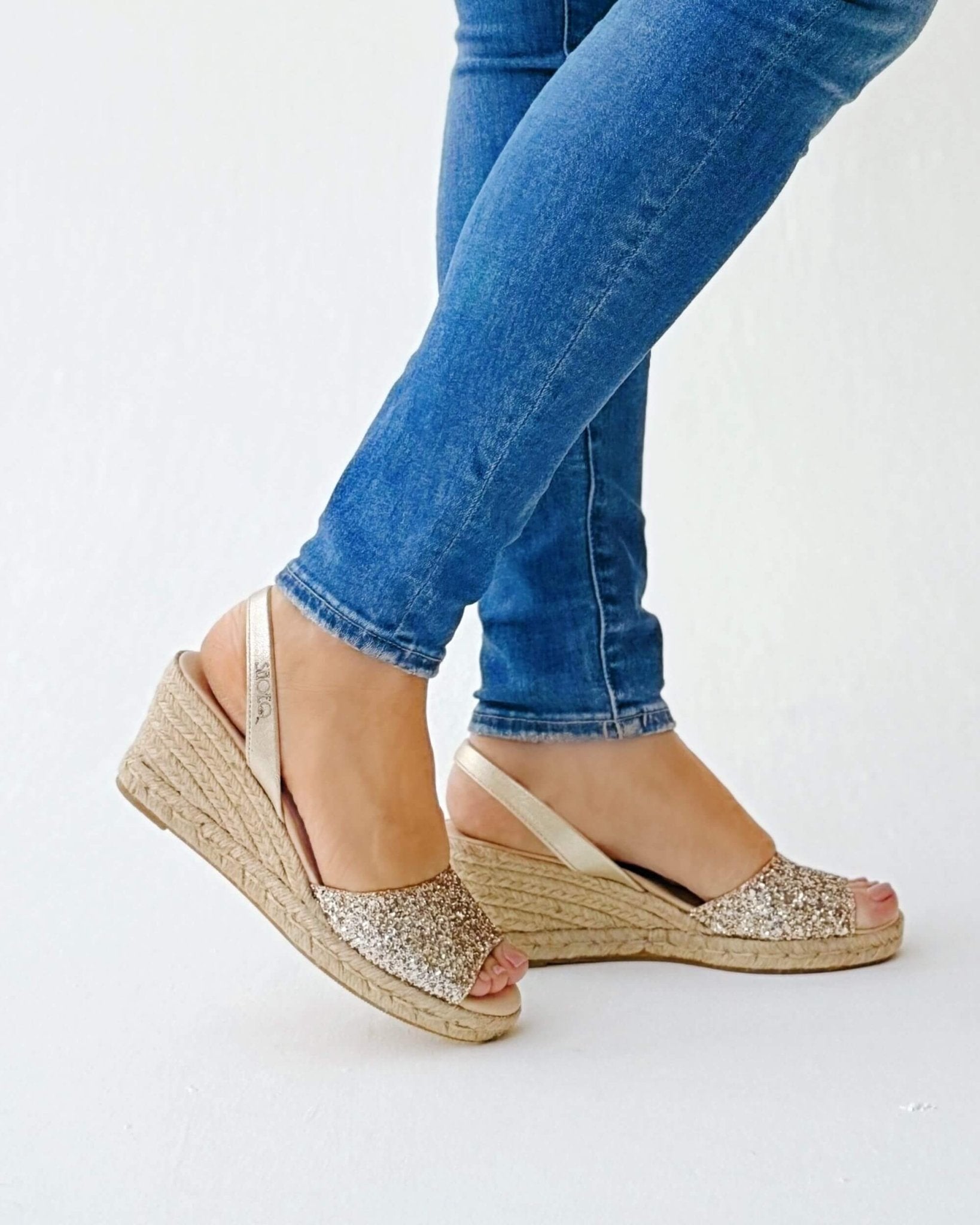 Handmade Spanish champagne glitter wedge espadrilles Dubai delivery