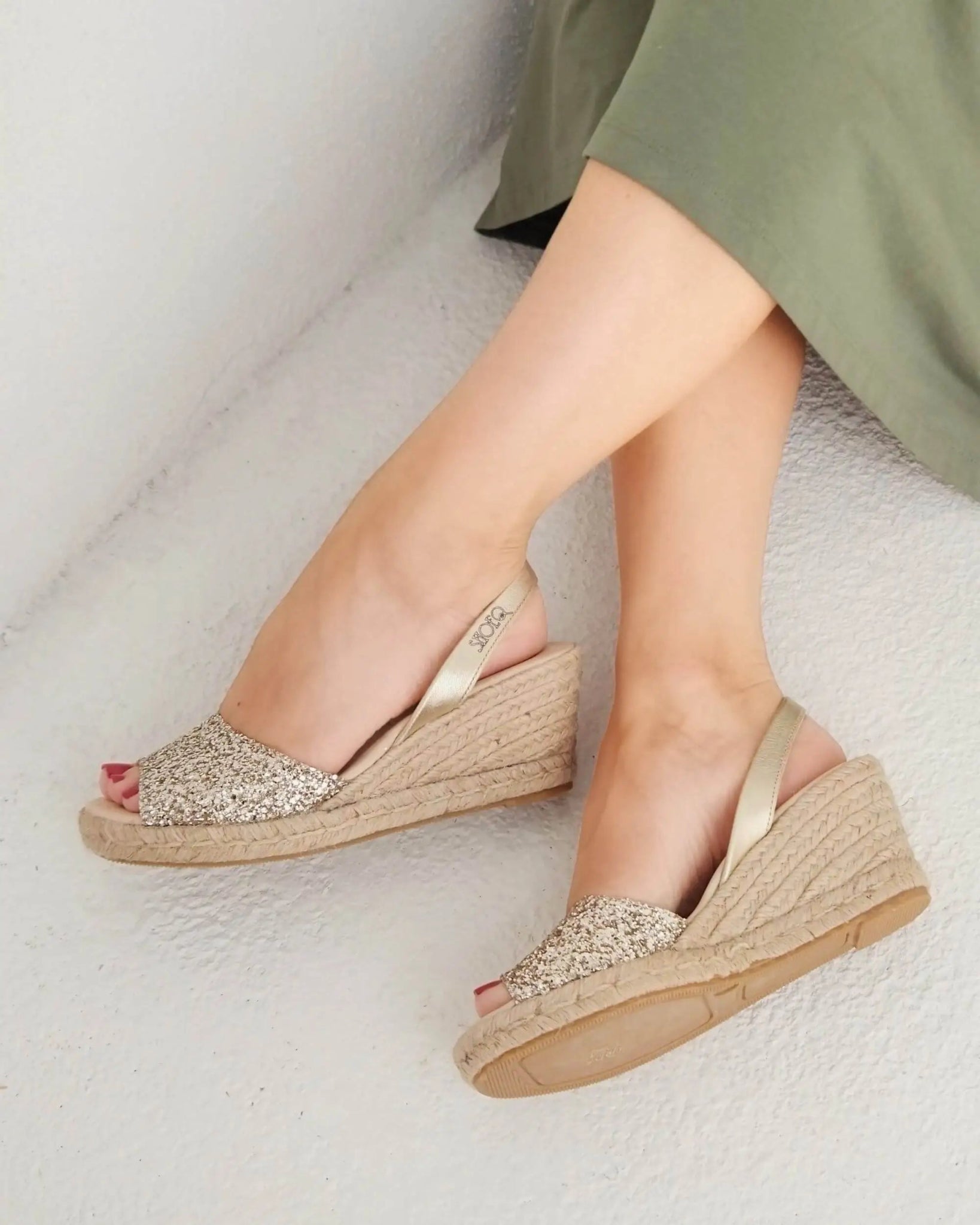 Comfortable champagne glitter wedges for weddings Dubai style
