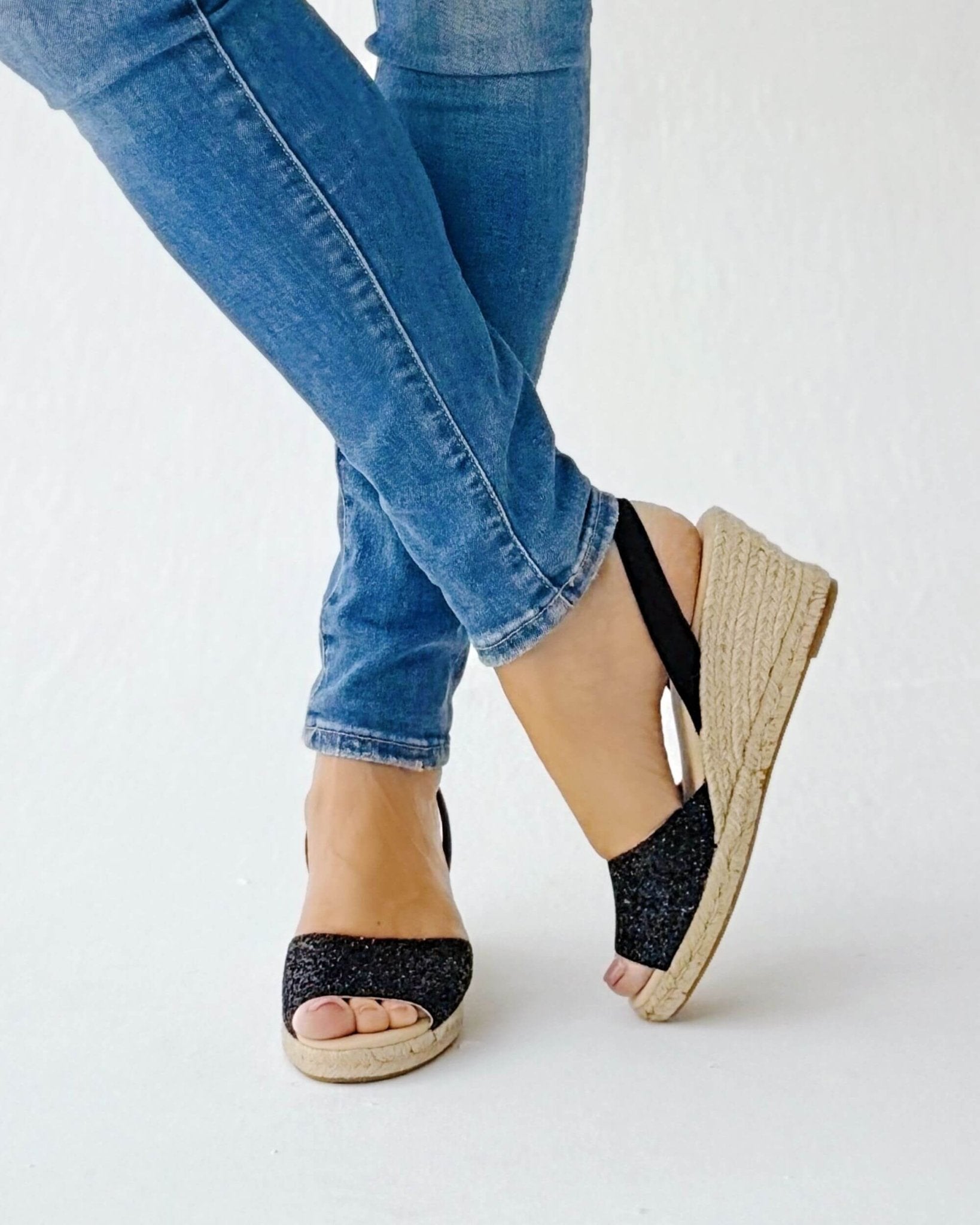 Midnight glitter vegan black espadrille wedges side view elegant
