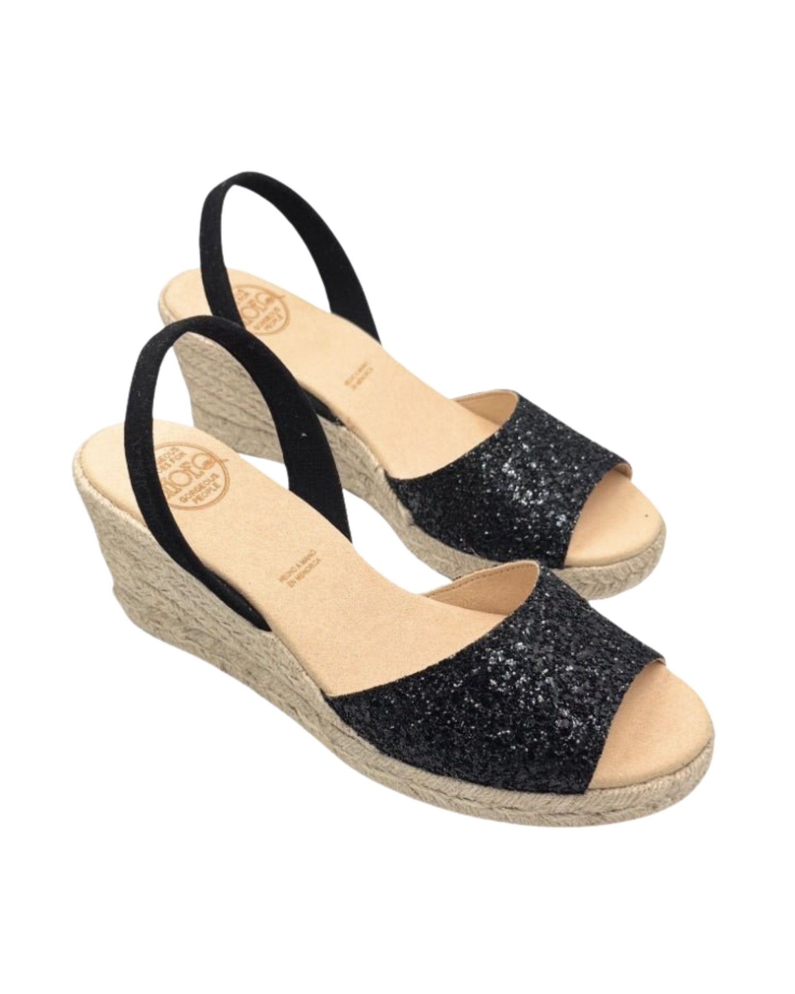 Peep toe vegan black glitter wedge espadrilles slingback sustainable
