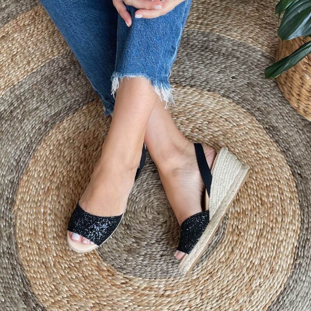 Classic Espadrille Wedge in Midnight Glitter (Vegan) - Shoeq