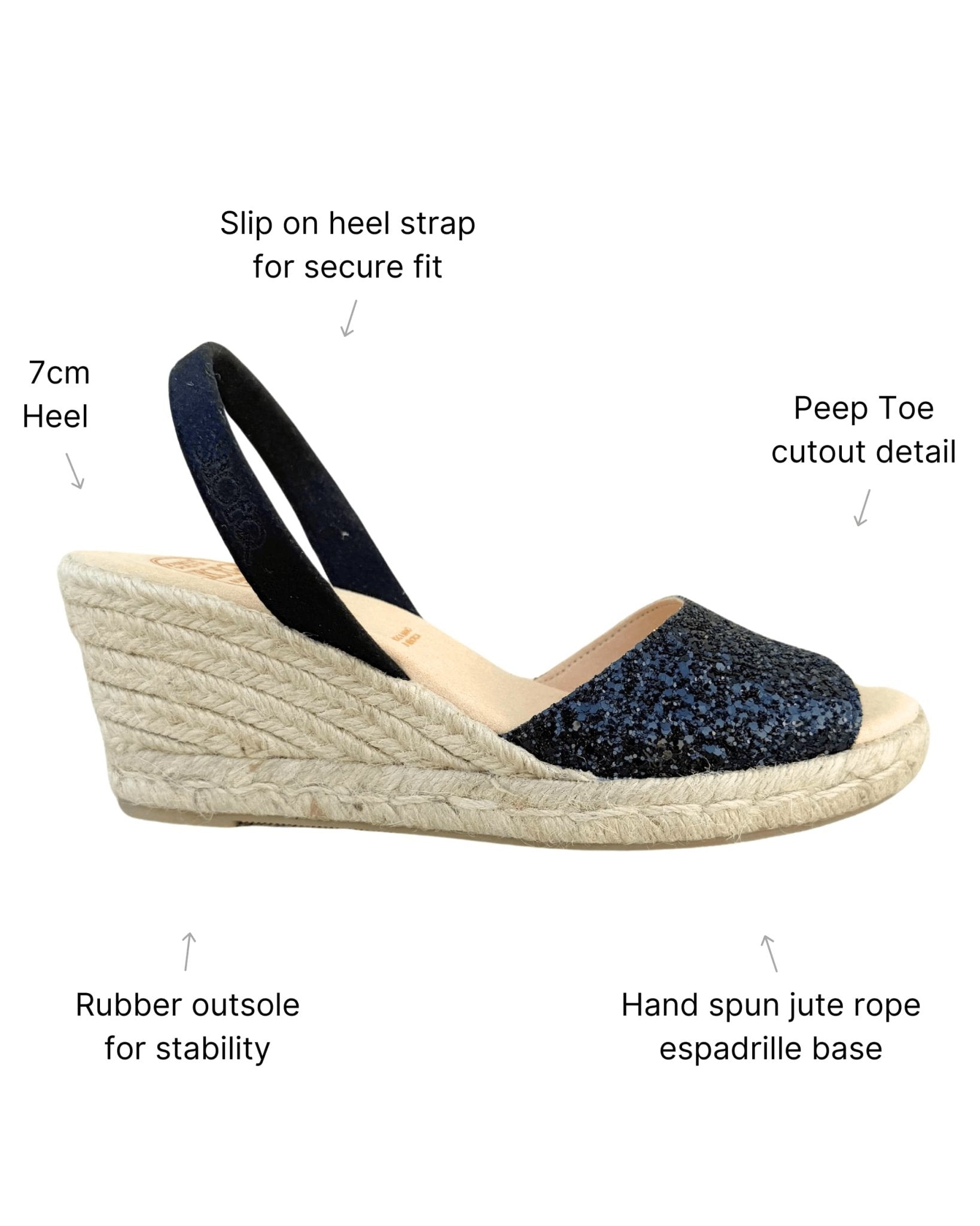 Classic vegan black wedge espadrilles slingback glitter side view
