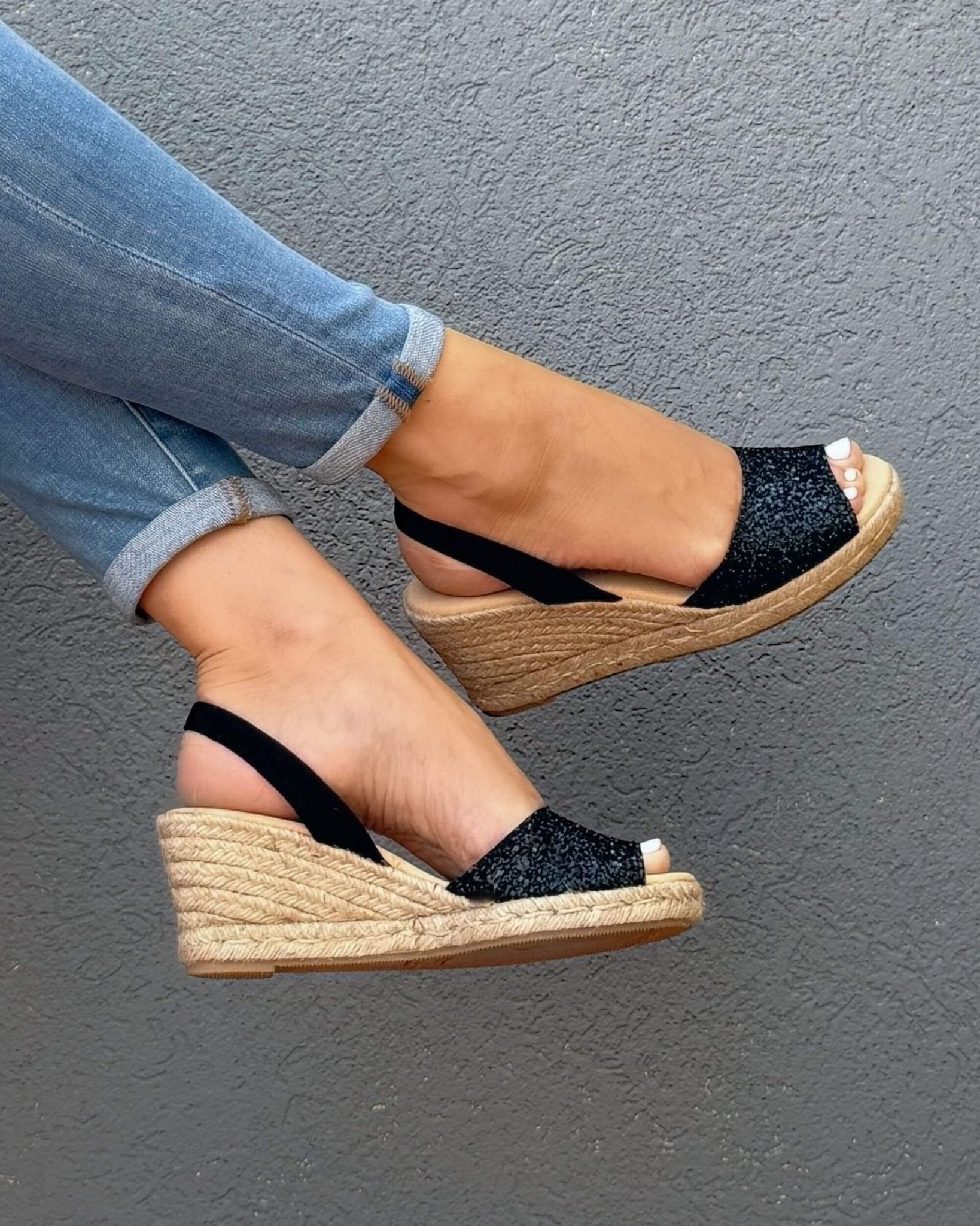Sustainable black glitter vegan espadrille wedges handcrafted Menorca
