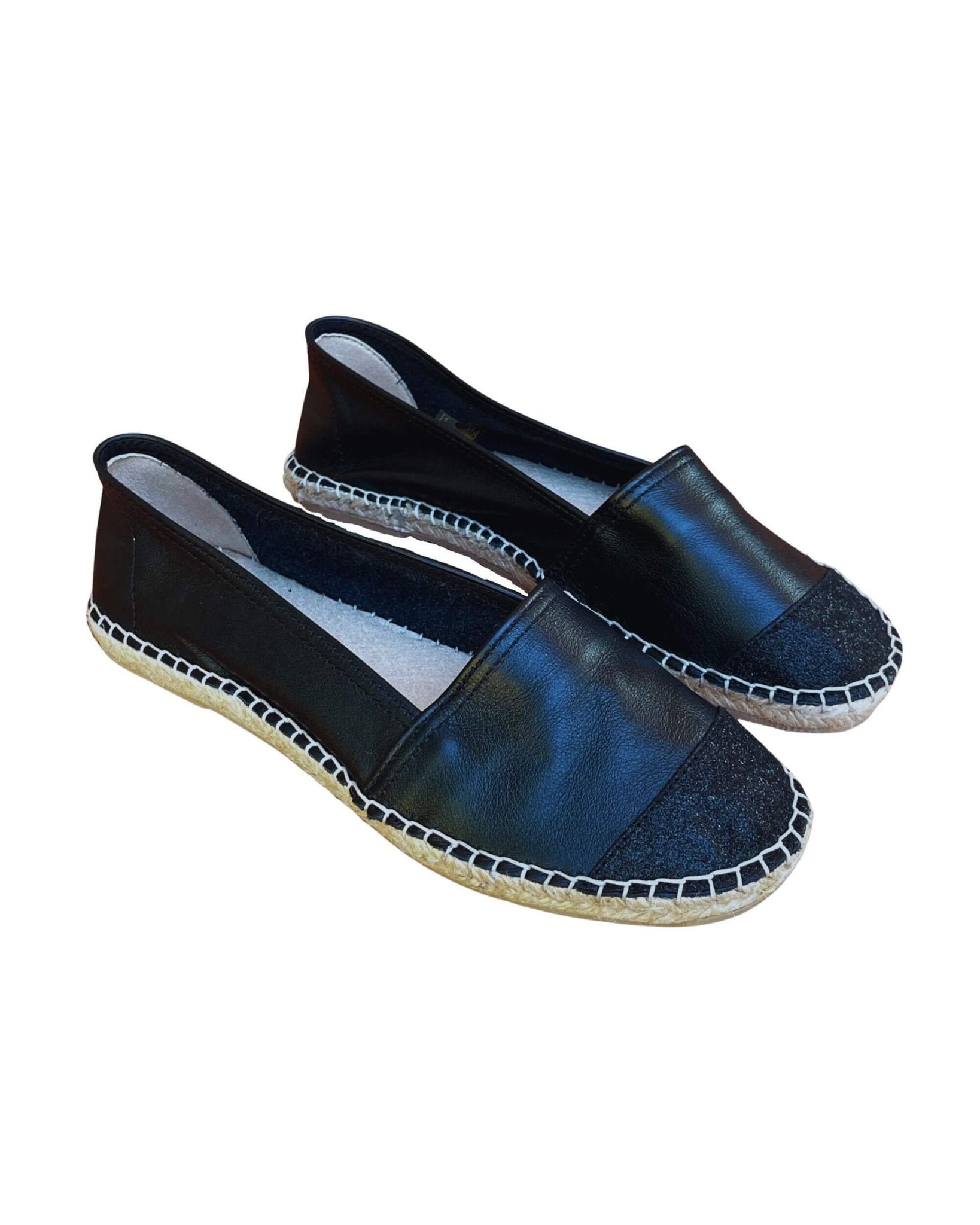 Sparkly black flats natural jute base Midnight Glitter
