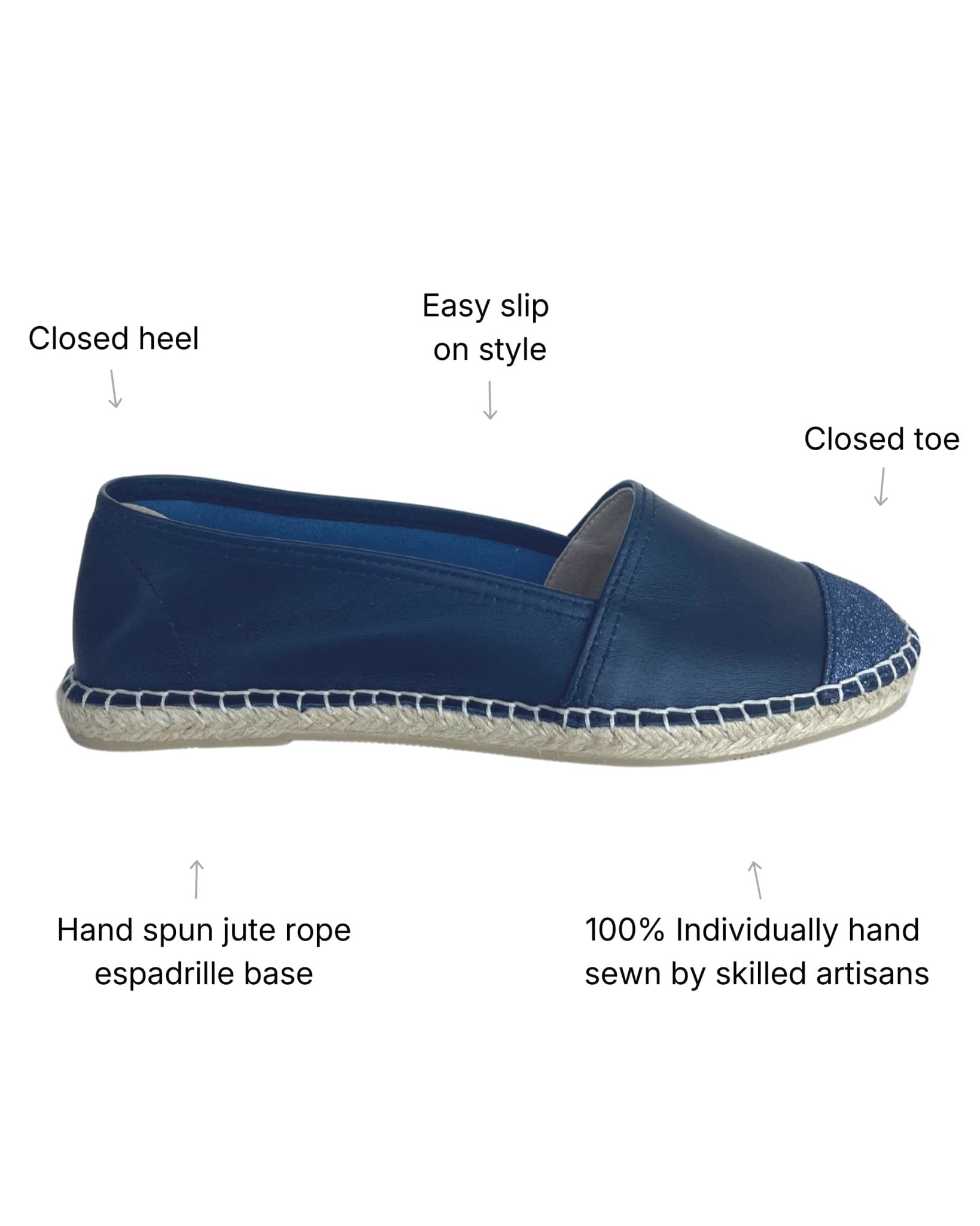 Classic espadrille glitter navy sparkle toe front view
