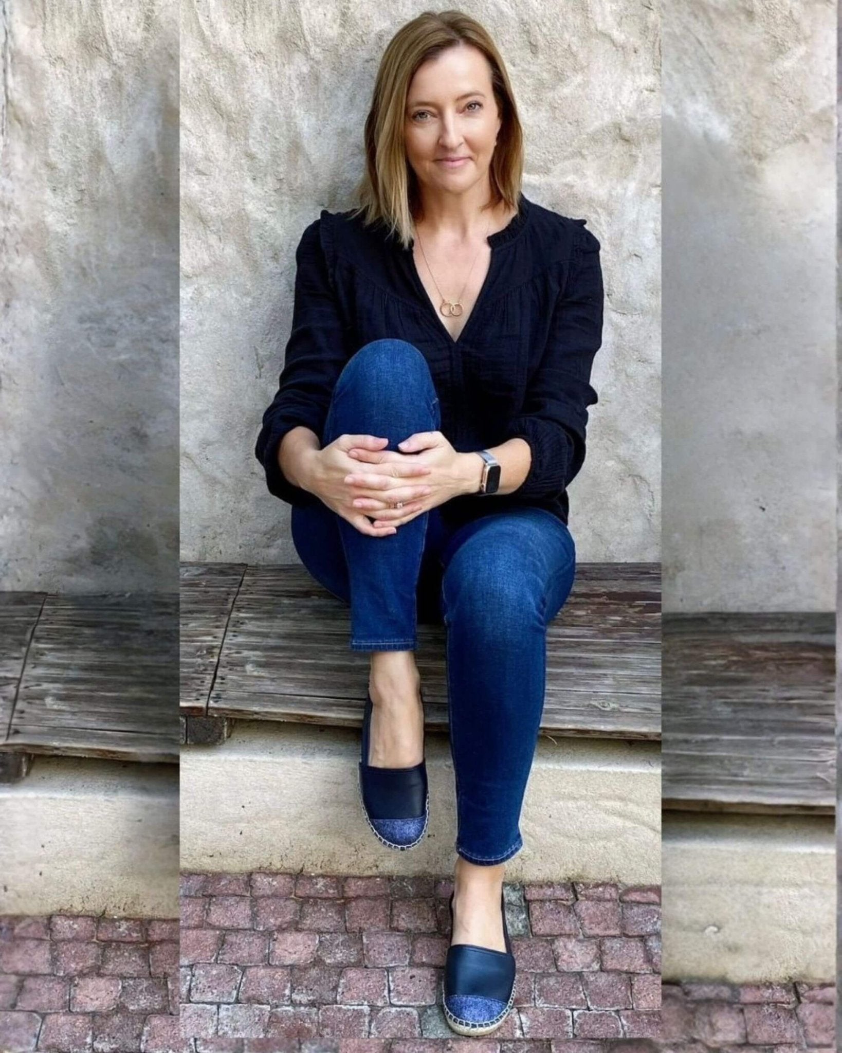 Navy Glitter espadrilles on model Dubai lifestyle styling
