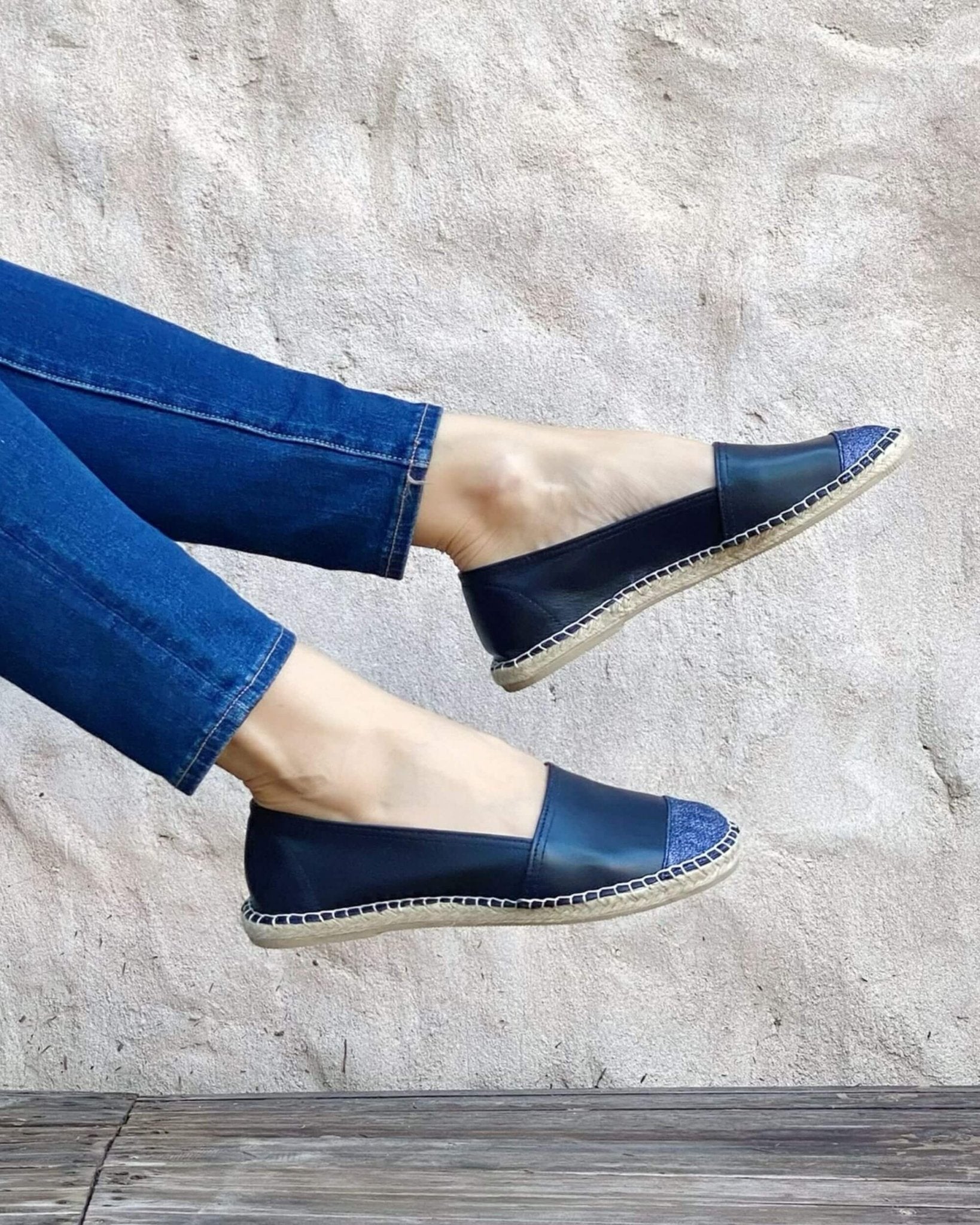 Sparkly navy espadrilles glitter toe cap detail
