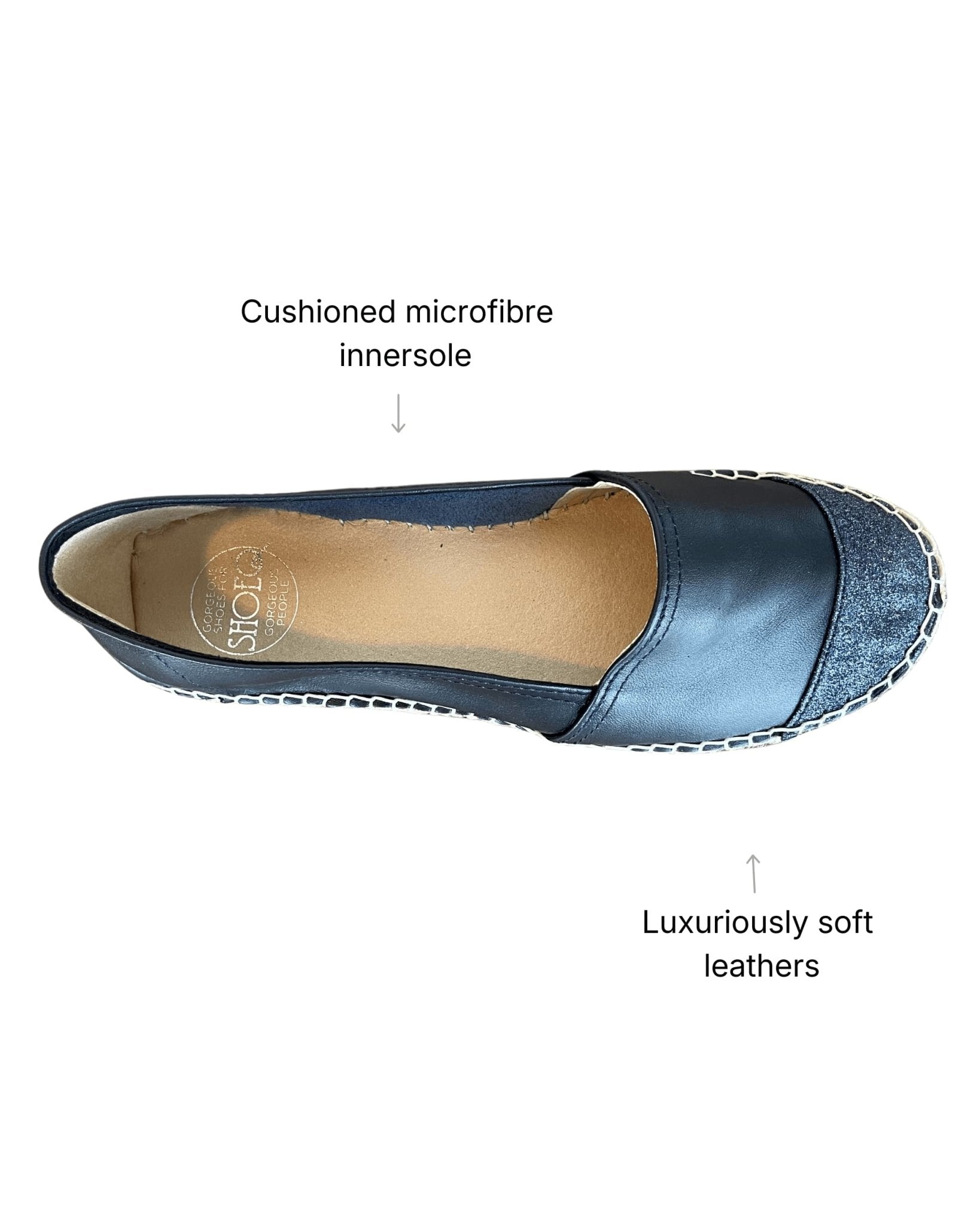 Navy sparkle flat espadrilles cushioned innersole comfort
