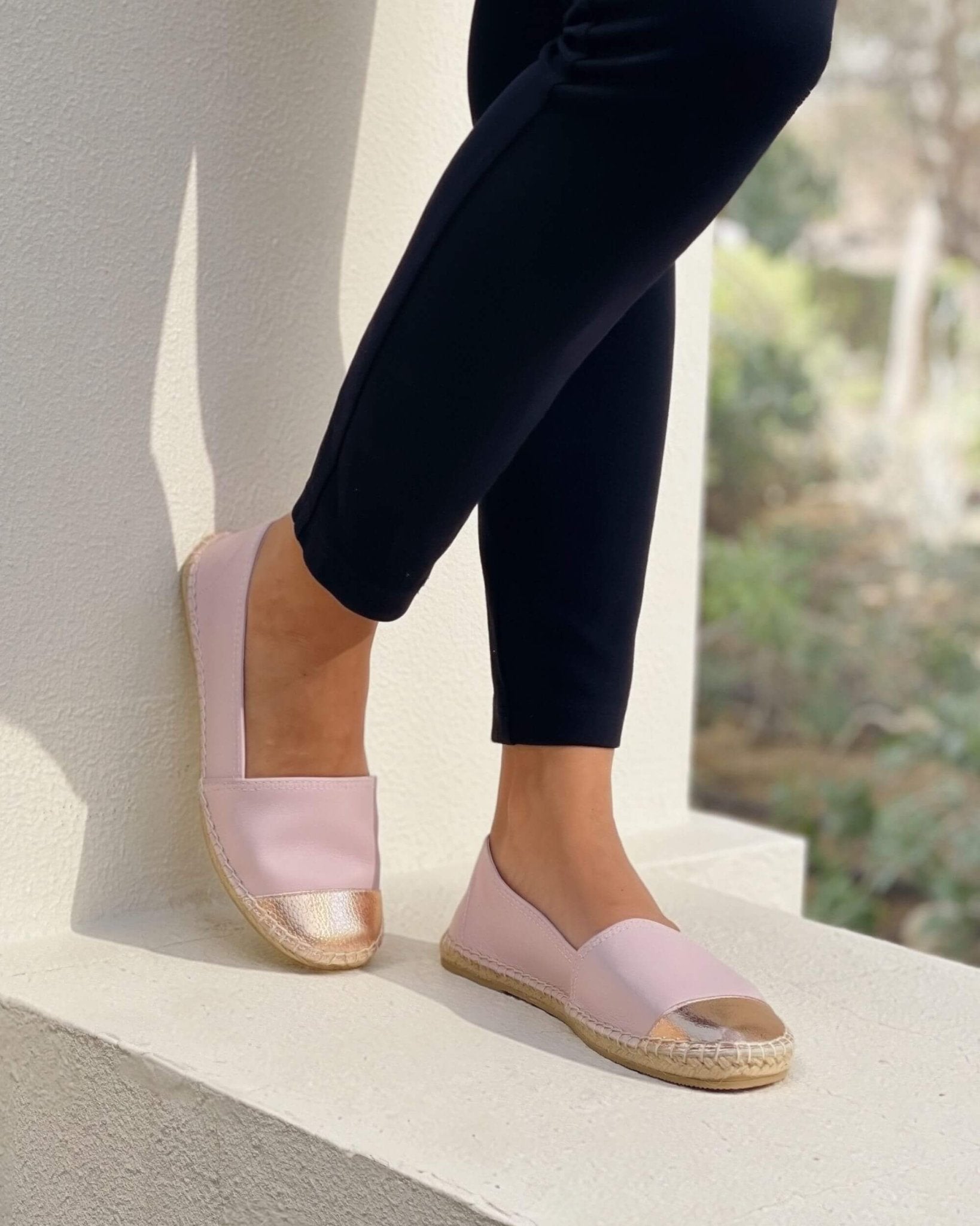 Pink espadrilles Rose Blush metallic toe cap detail
