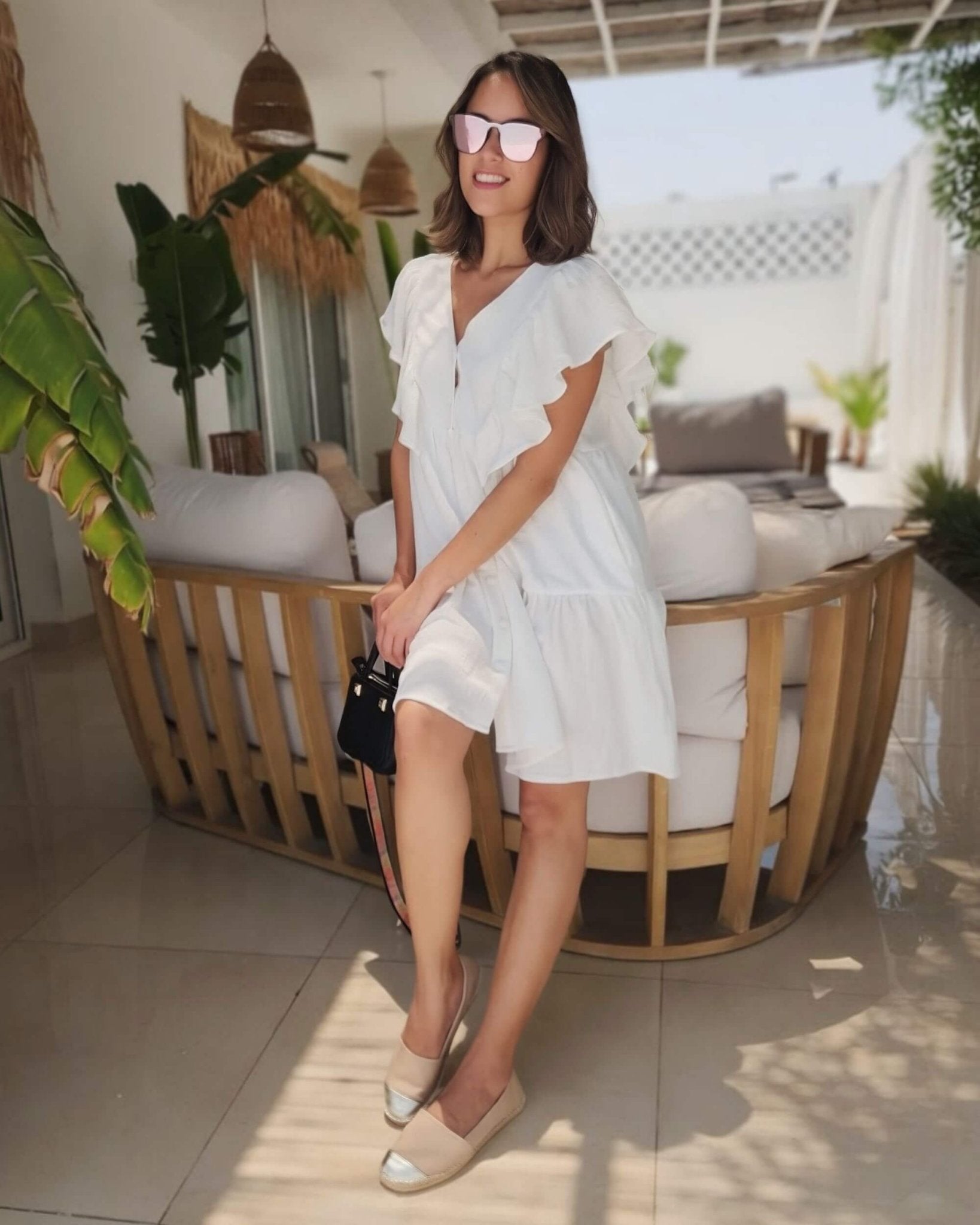 Women's classic espadrilles champagne styled with white dress
