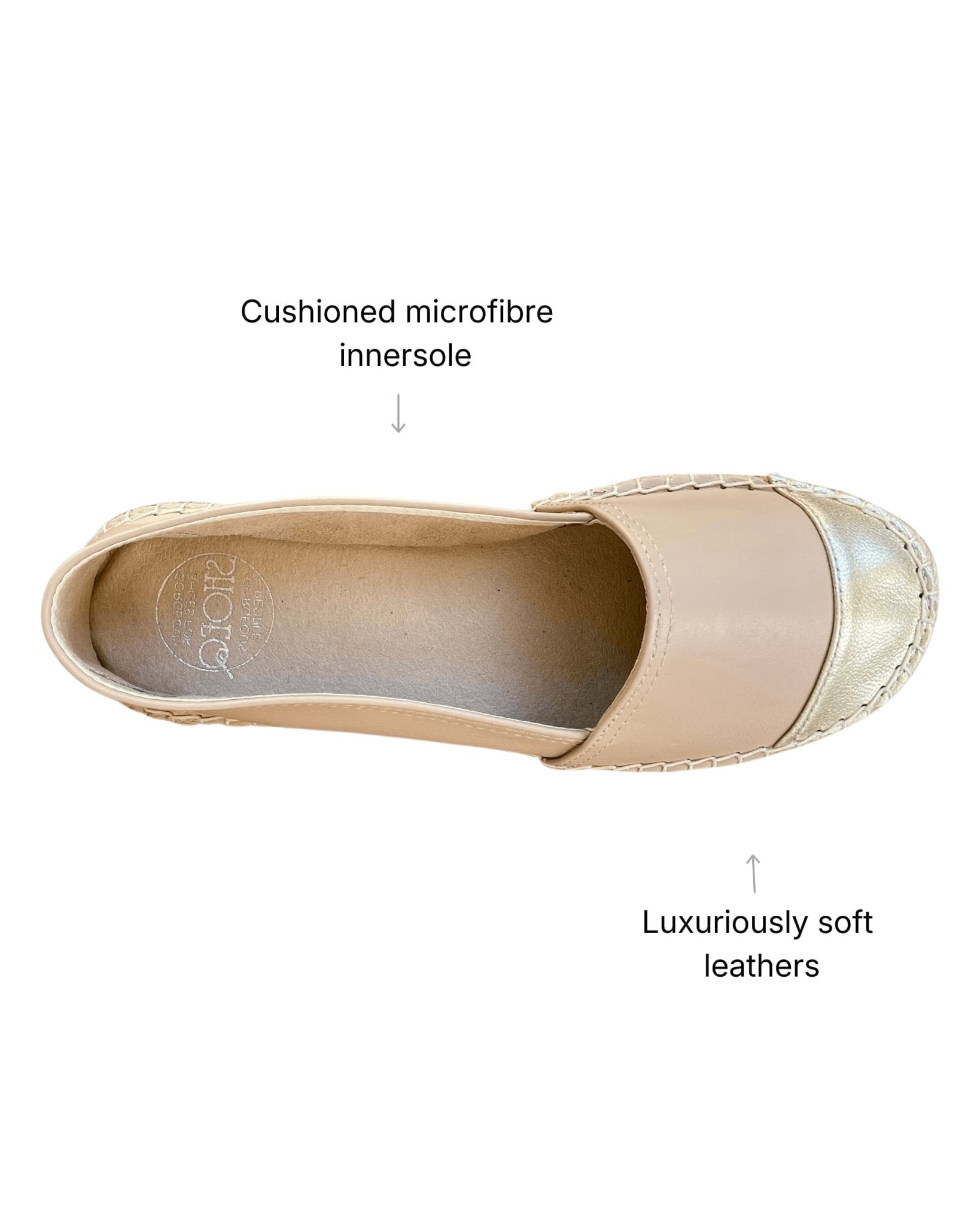 Women's espadrilles beige metallic toe cap top view

