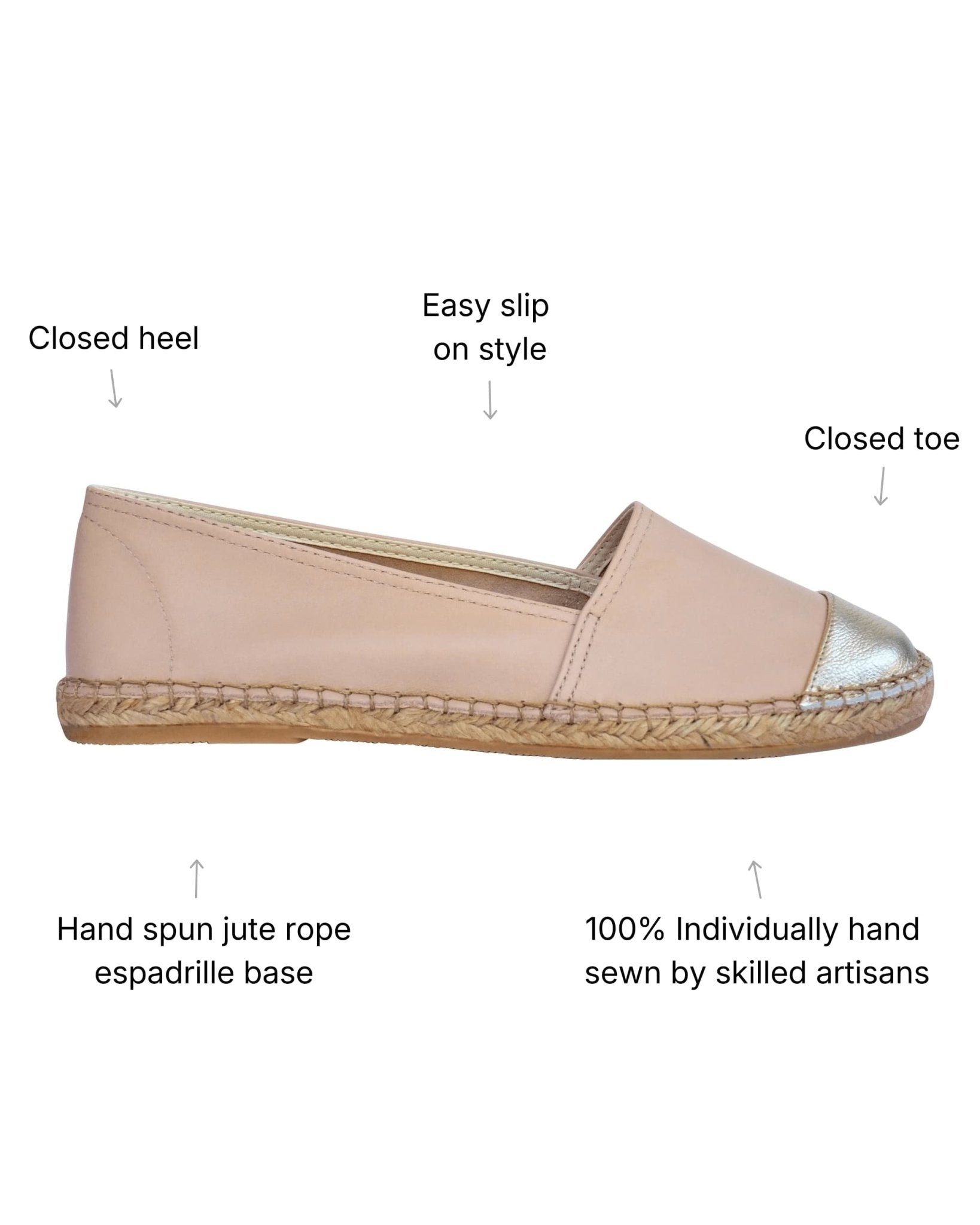 Women's espadrilles beige metallic toe cap side view
