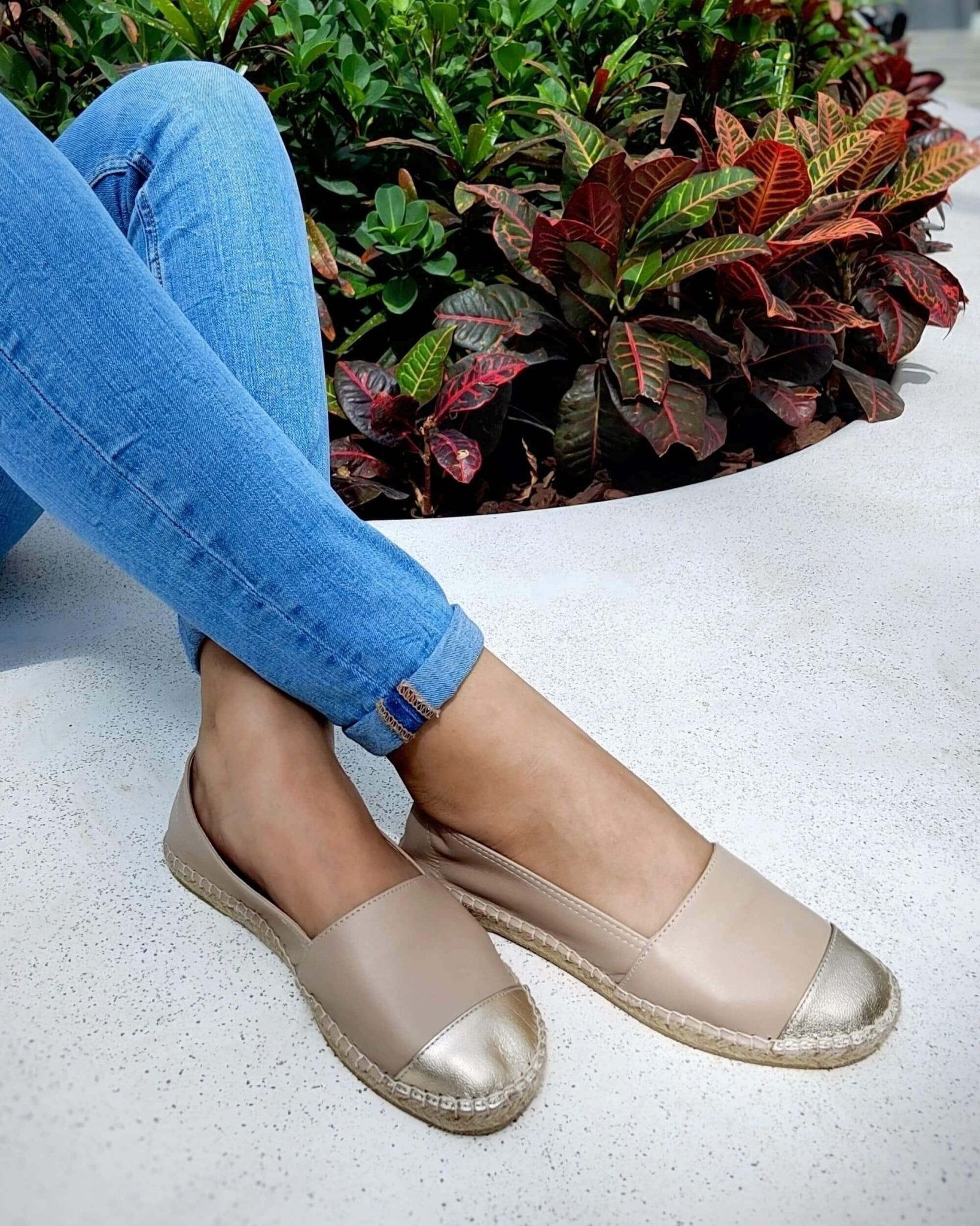Women's classic espadrilles champagne styled with blue jeans