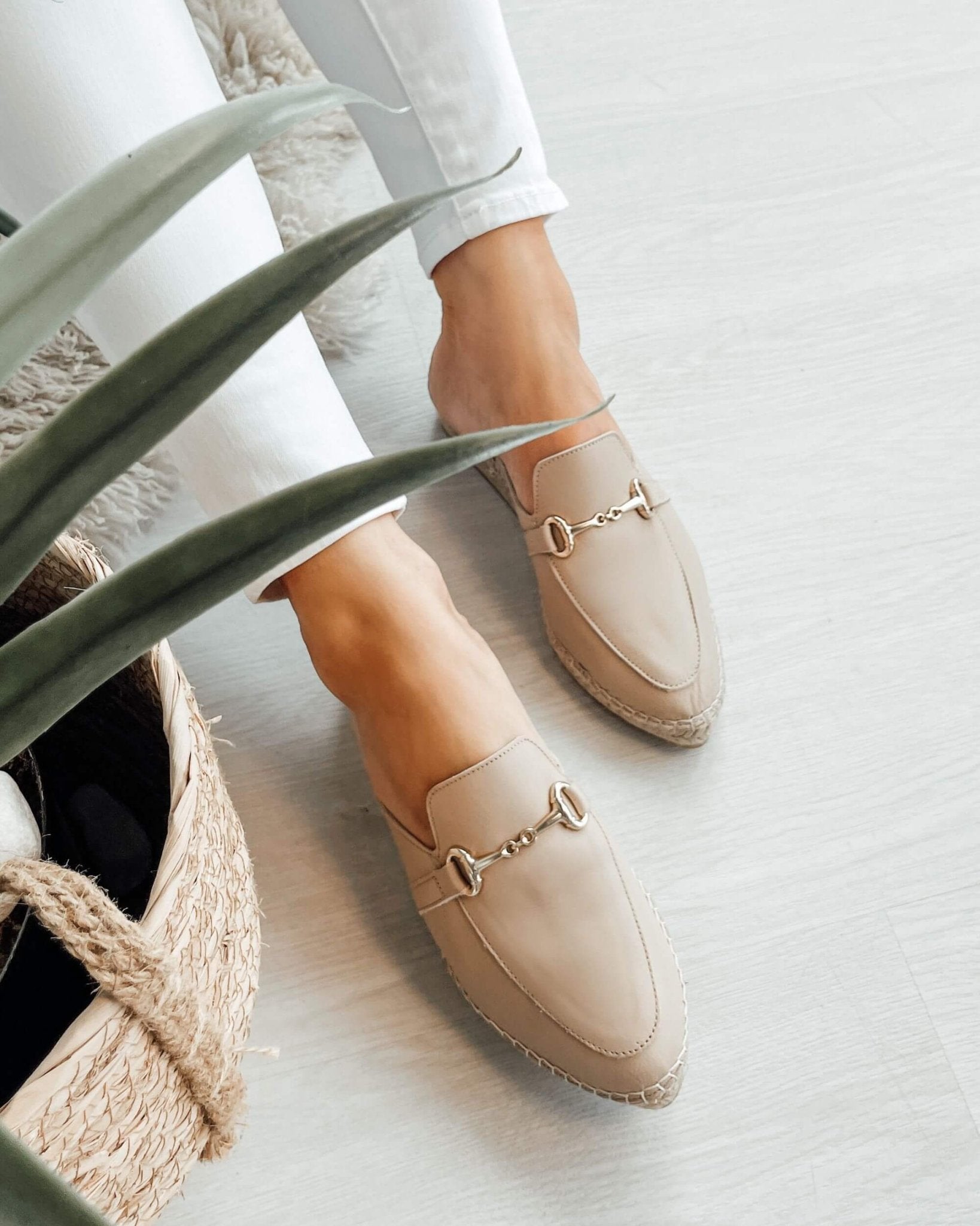 Sand beige mule shoes with gold hardware jute base
