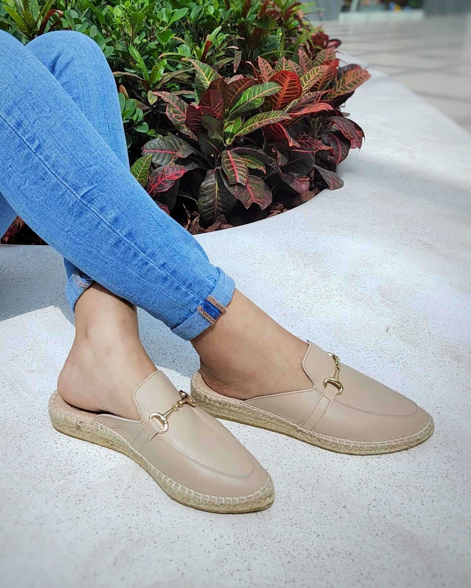 Handmade Spanish espadrille mule sandy beige side view
