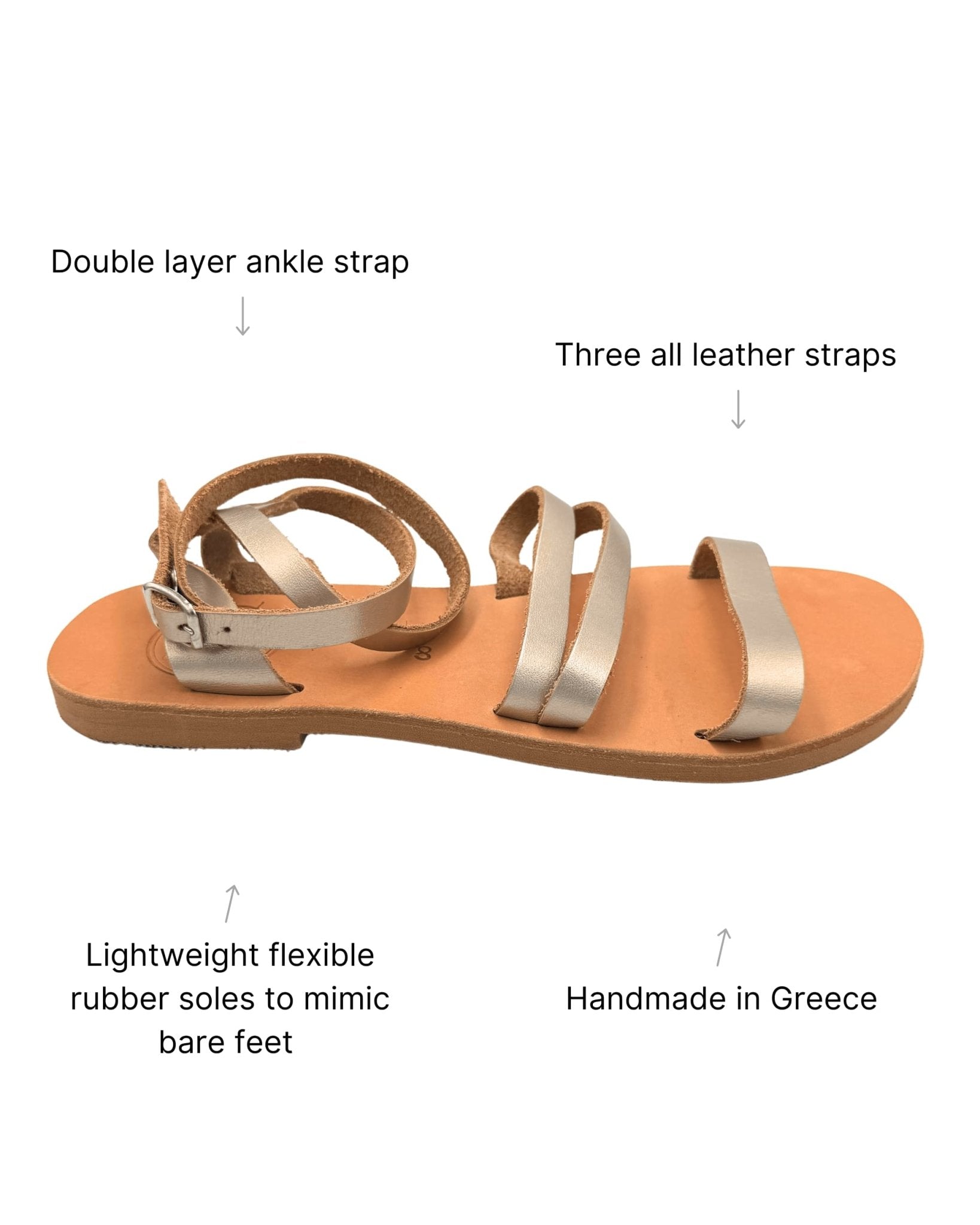 Greek flat sandals bronze metallic side view leather straps