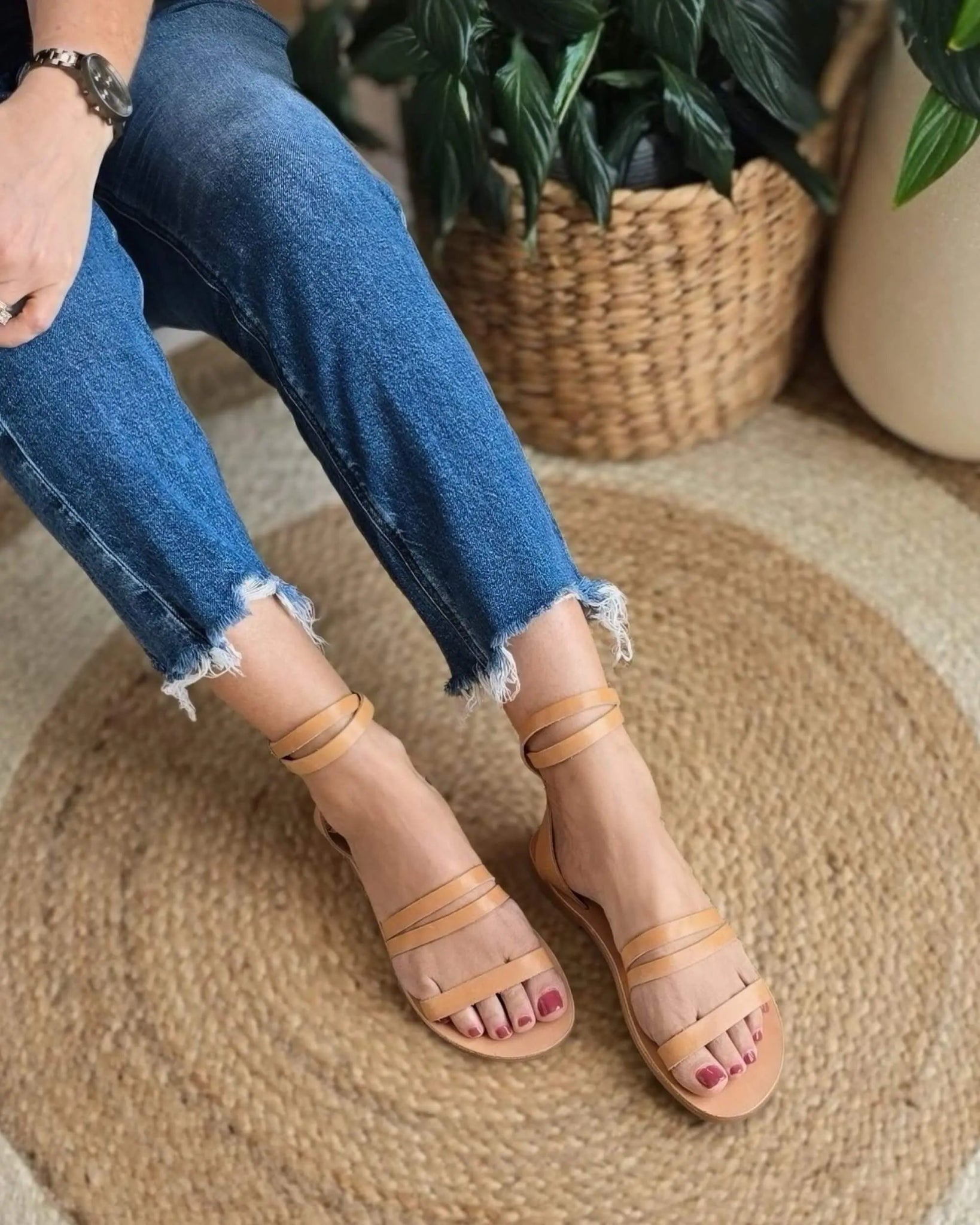 Gia flat sandals caramel tan Greek leather Dubai