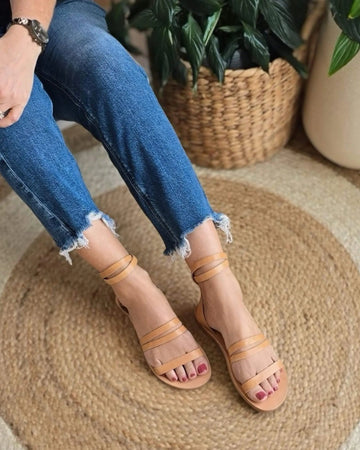 Gia flat sandals caramel tan Greek leather Dubai