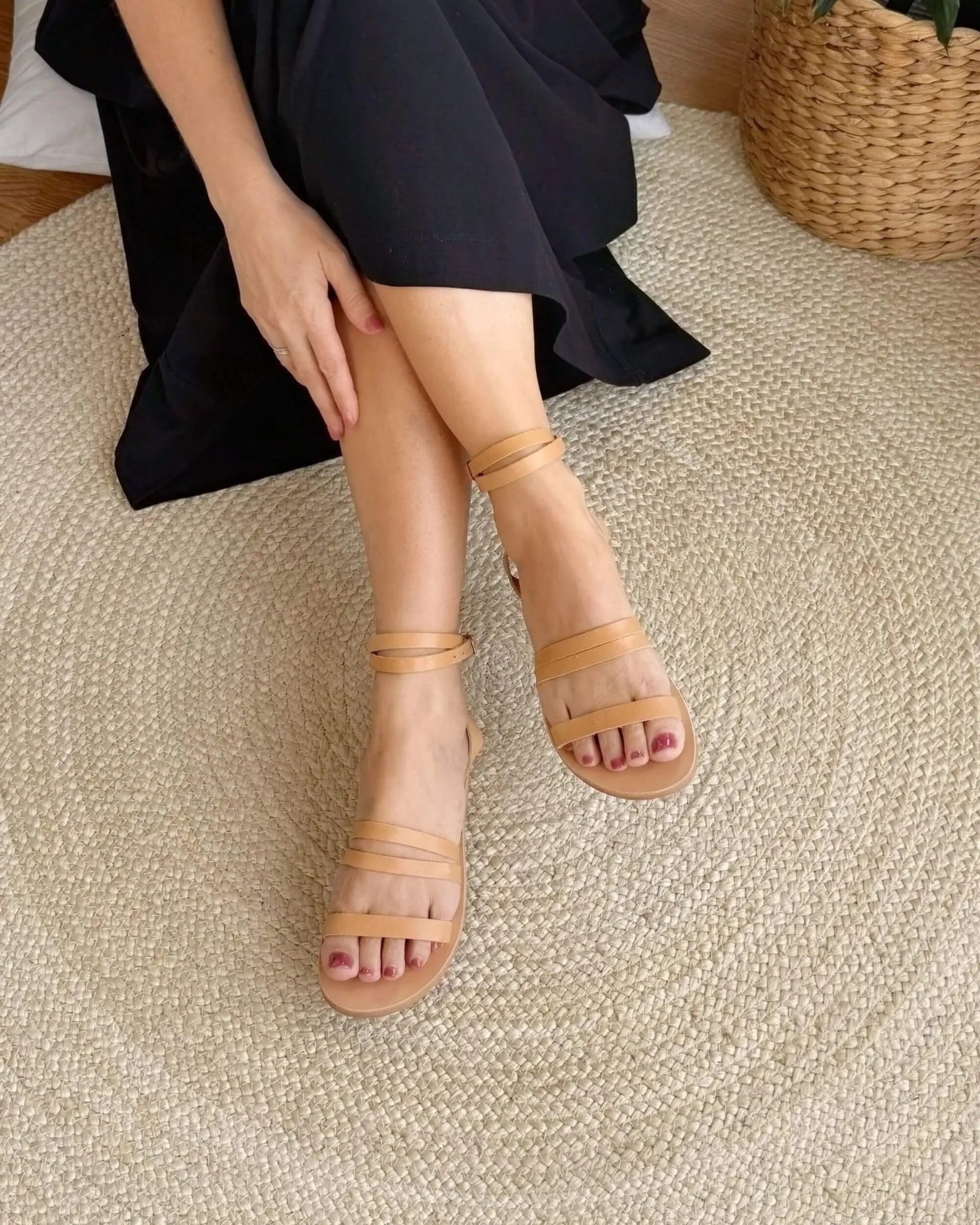 Flat sandals caramel tan three straps ankle wrap Greece
