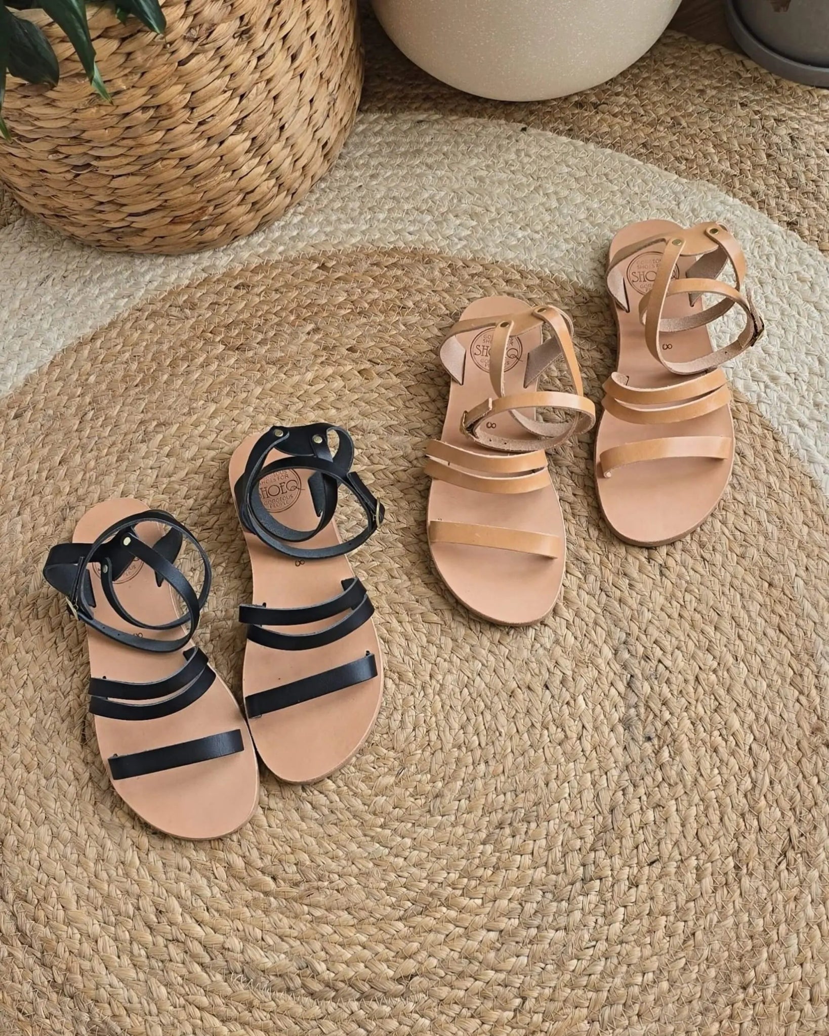 Women's caramel flat sandals double ankle strap handmade Greece