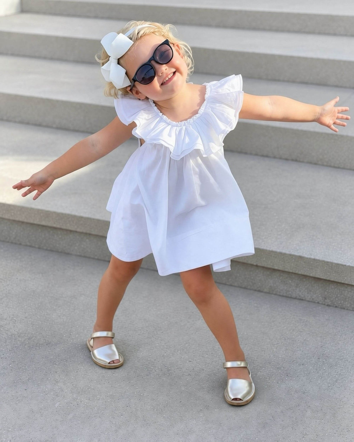 Champagne gold kids leather sandals worn with a white summer dress, handmade in Menorca, Spain | Girls Ankle Strap Avarca by Shoeq