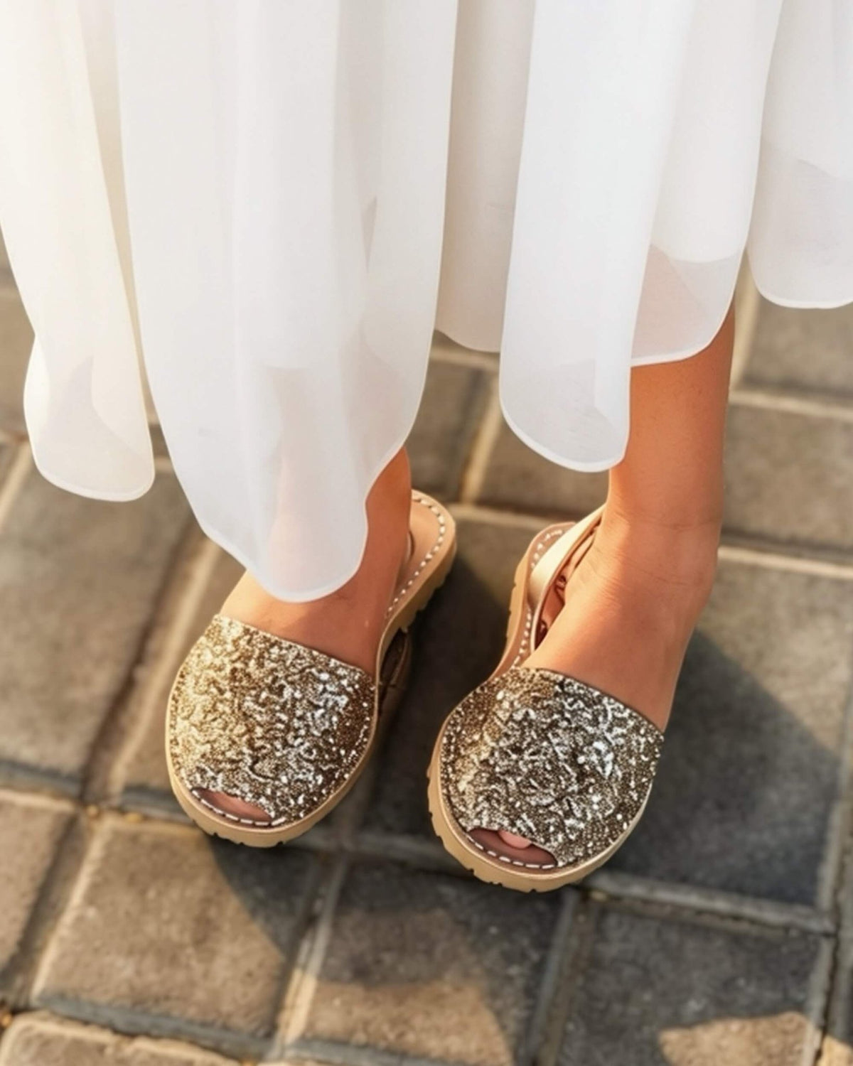 Champagne glitter kids leather sandals with a flexible rubber sole, handmade in Menorca, Spain | Girls Classic Avarca by Shoeq