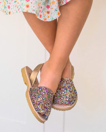 Girls Classic Avarca in Rainbow Gold Glitter - Shoeq