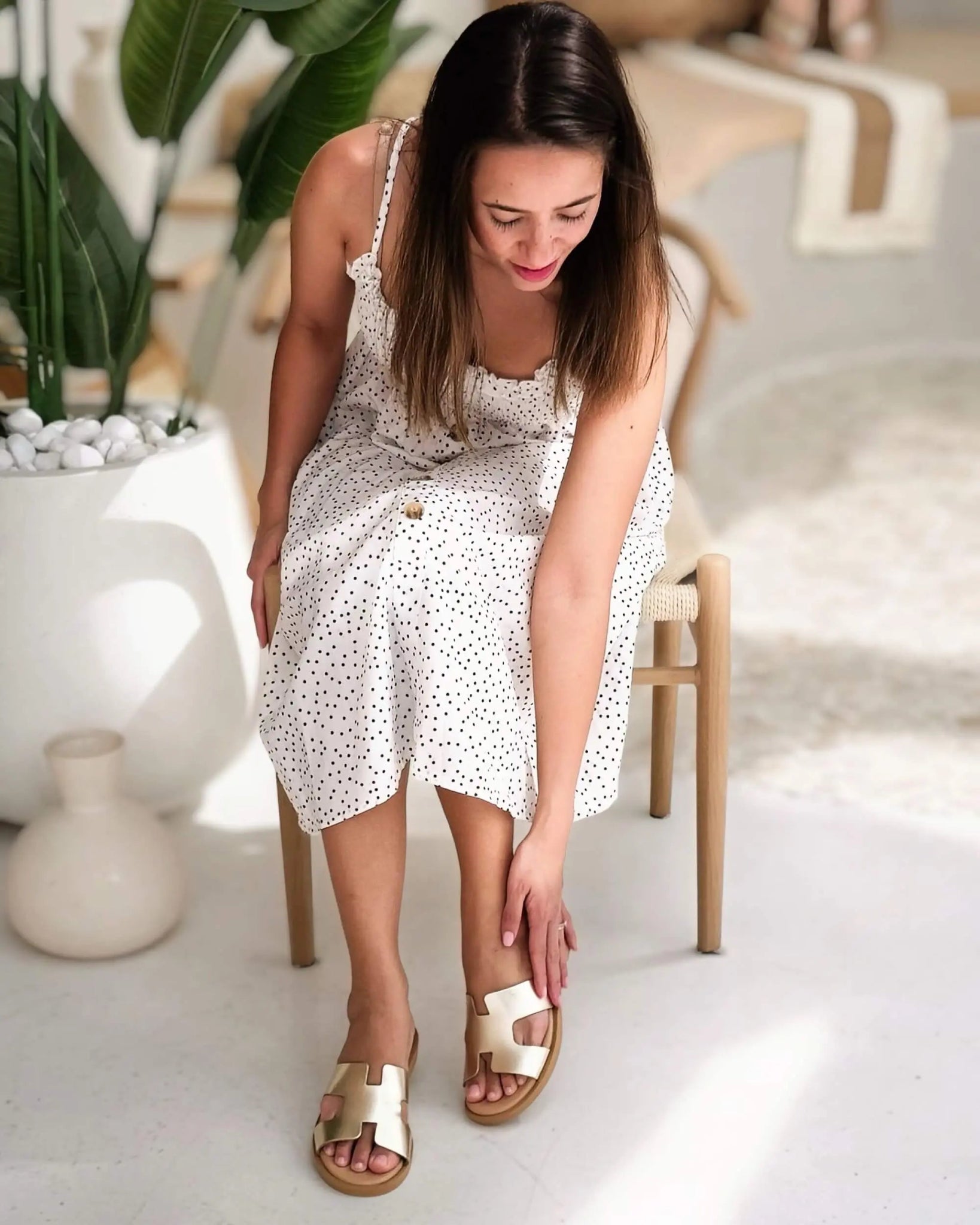 Champagne metallic flat slides Dubai smart casual comfortable leather