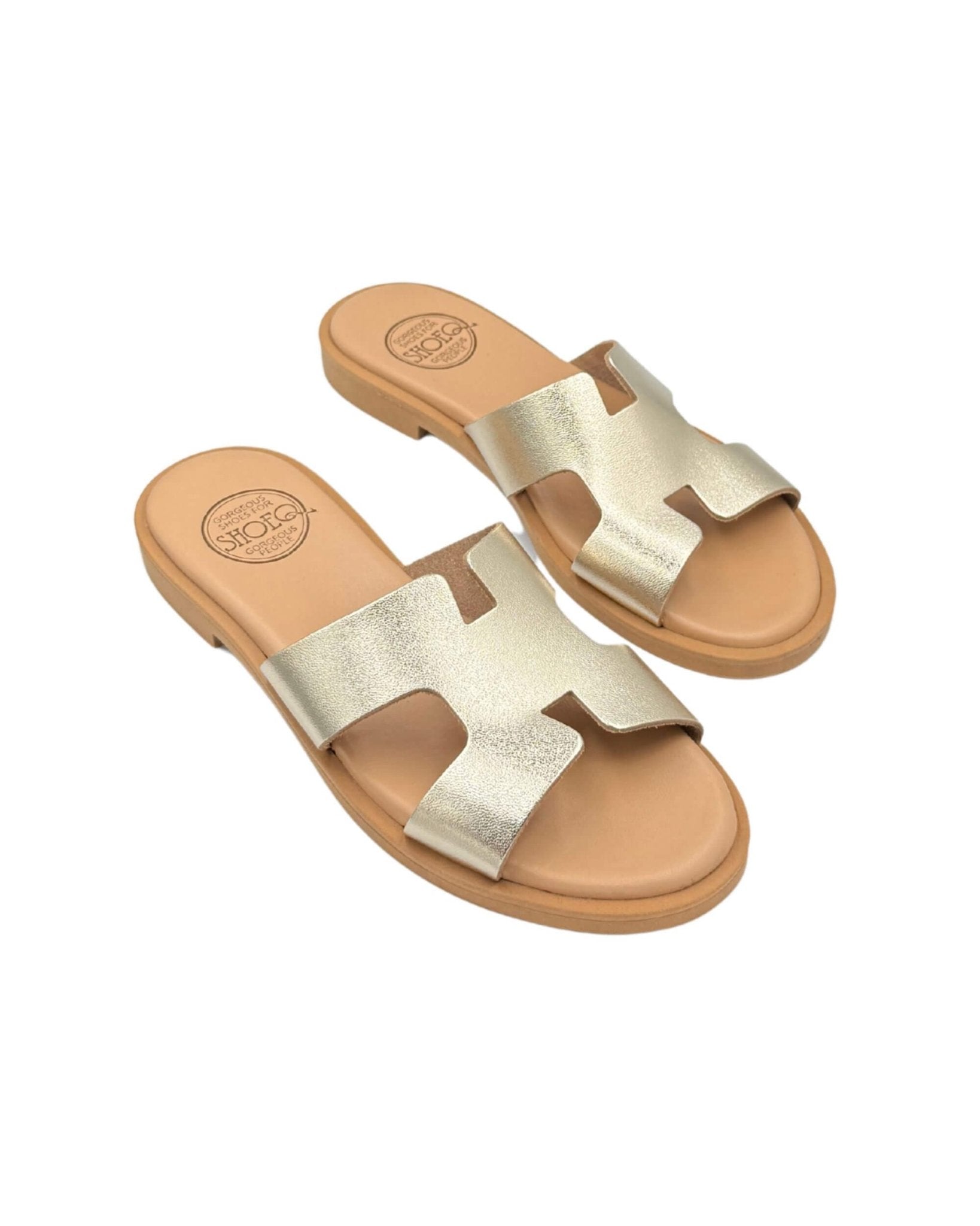 Champagne gold metallic slides front view cushioned flat Dubai
