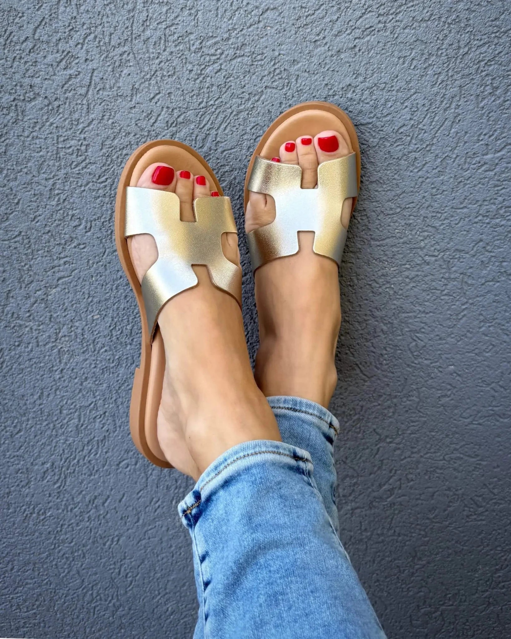 Champagne metallic slides detail view Greece handcrafted cushioned