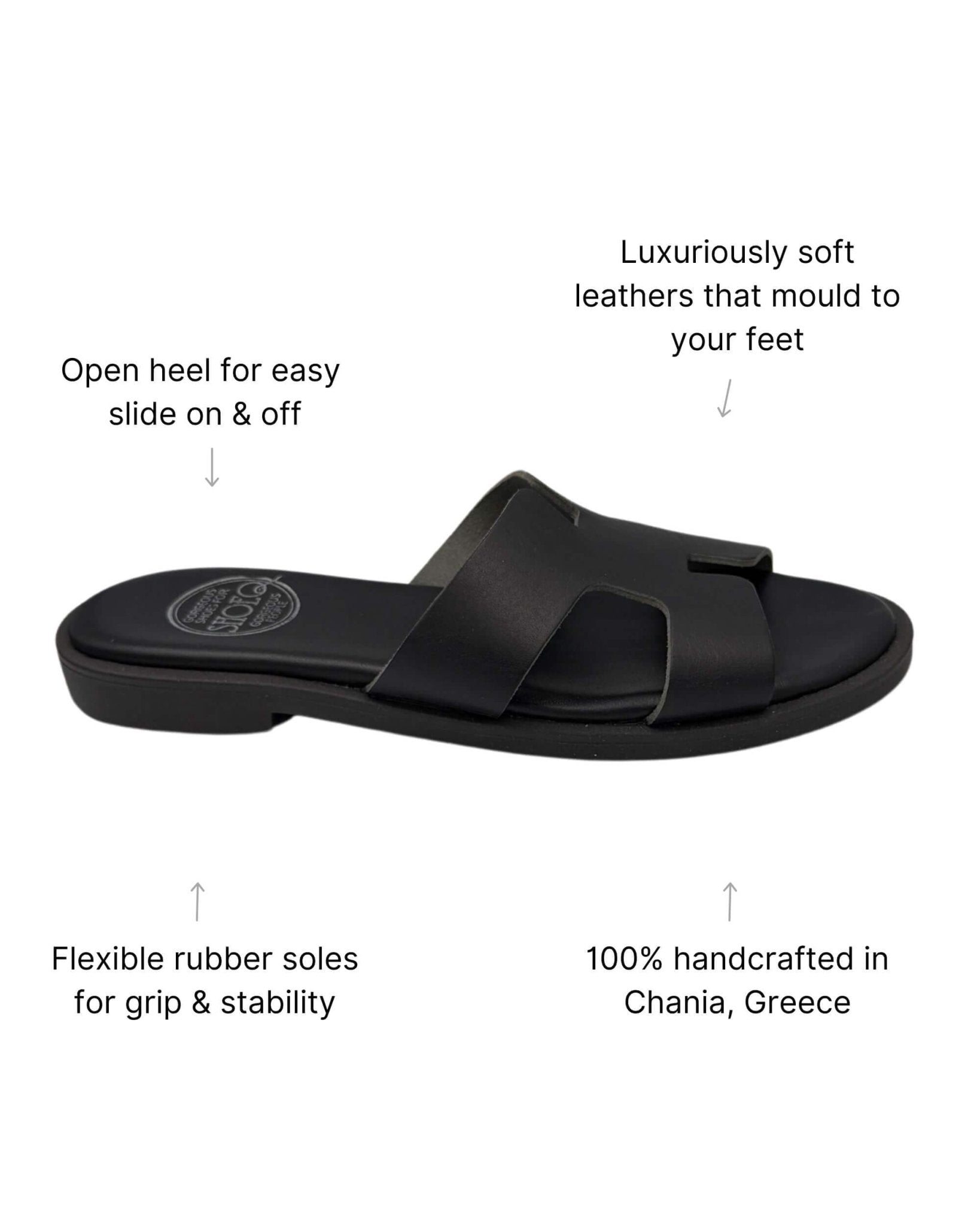 Black leather slides side view Greece handmade cushioned charcoal