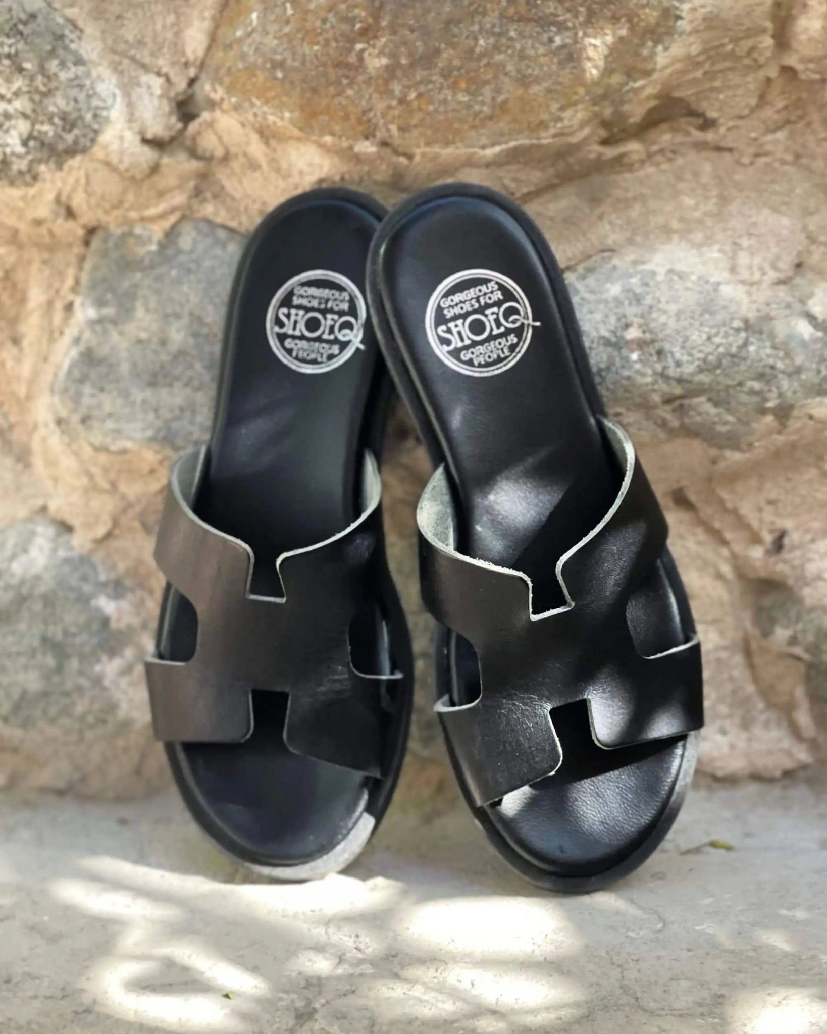 Greek black leather slides cushioned Dubai same day delivery charcoal
