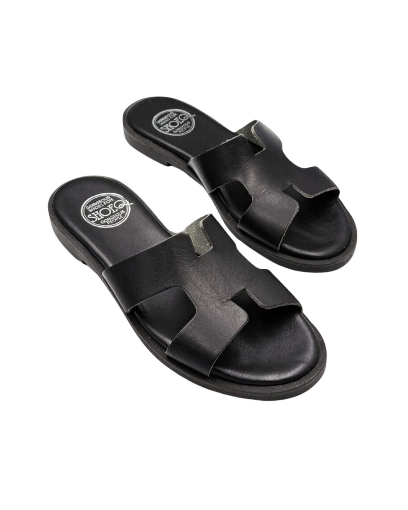 Black leather slides front view cushioned flat Dubai classic