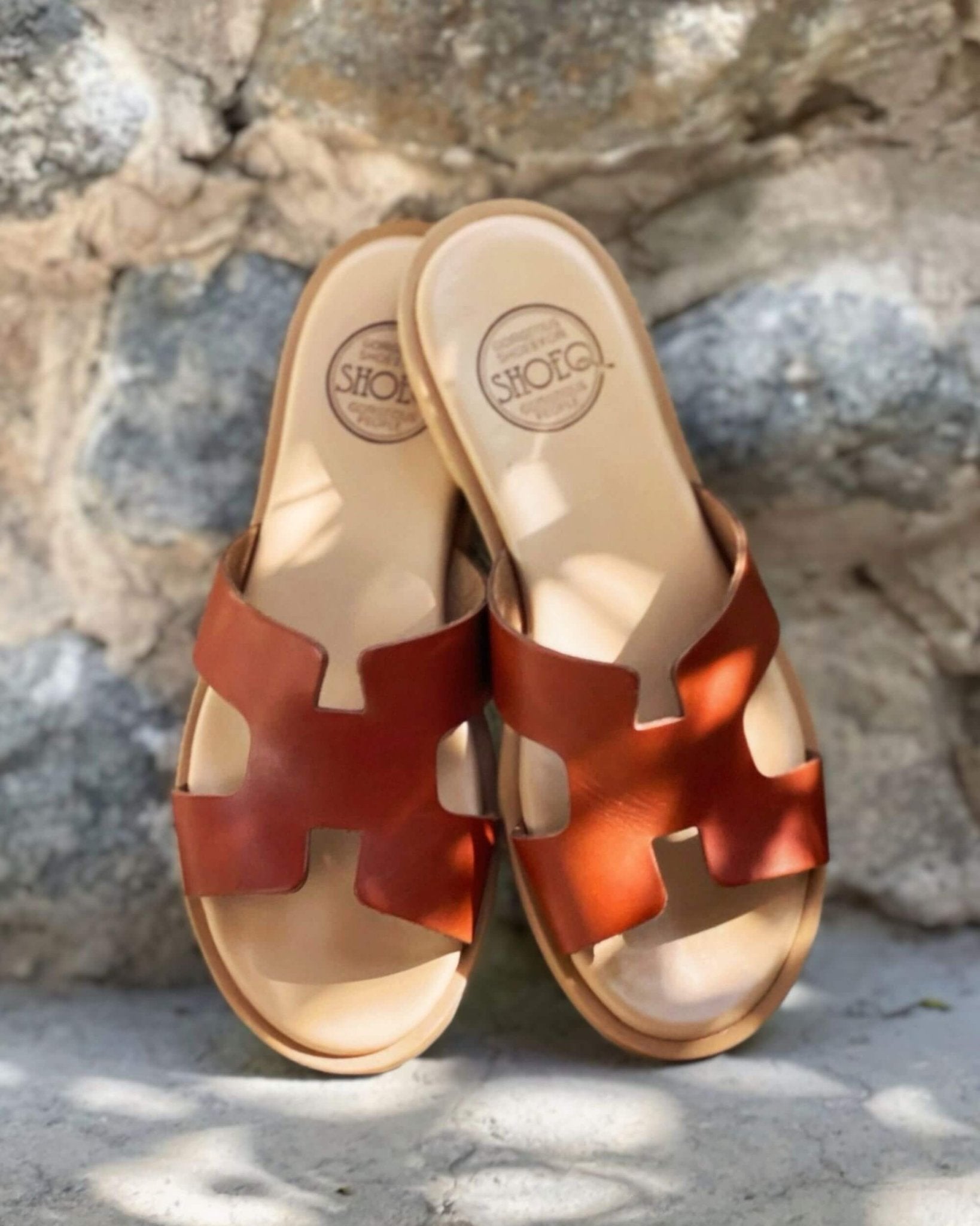 Greek leather slides chocolate cushioned Dubai same day delivery