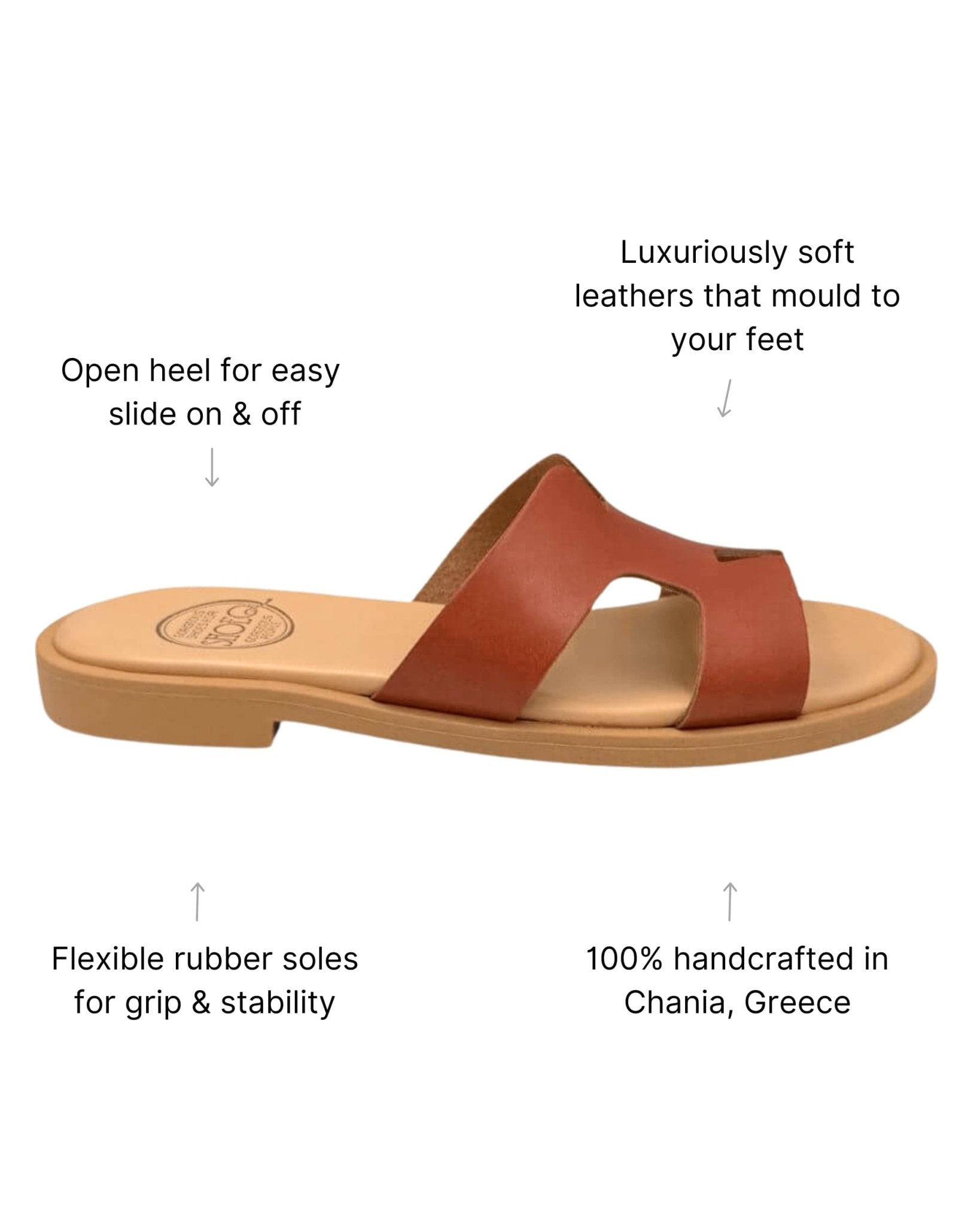 Chocolate leather slides side view Greece handmade cushioned