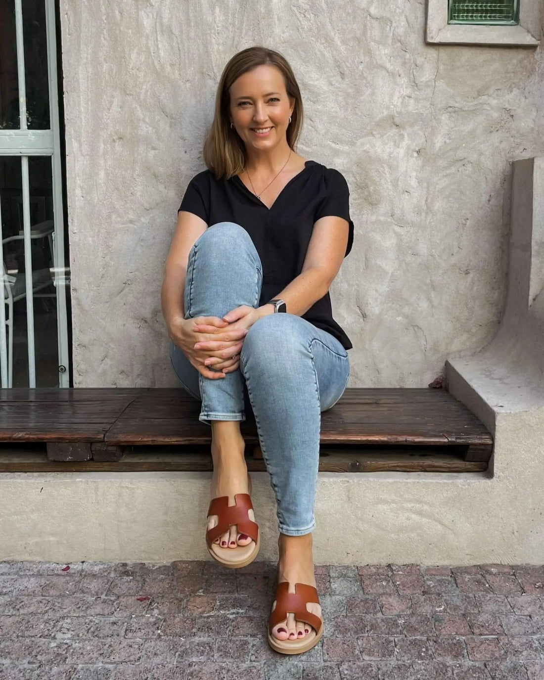 Hania Luxe chocolate brown cushioned slides Dubai flat shoes Greece