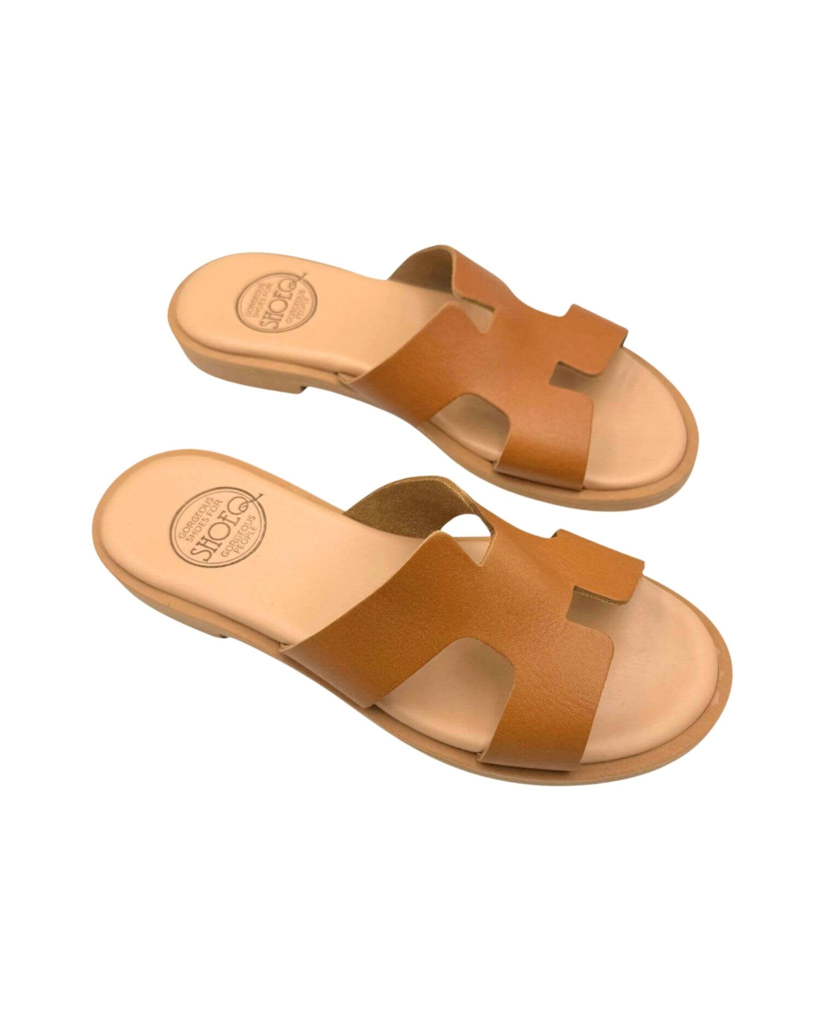 Handcrafted tan slides Greece premium leather cushioned innersole
