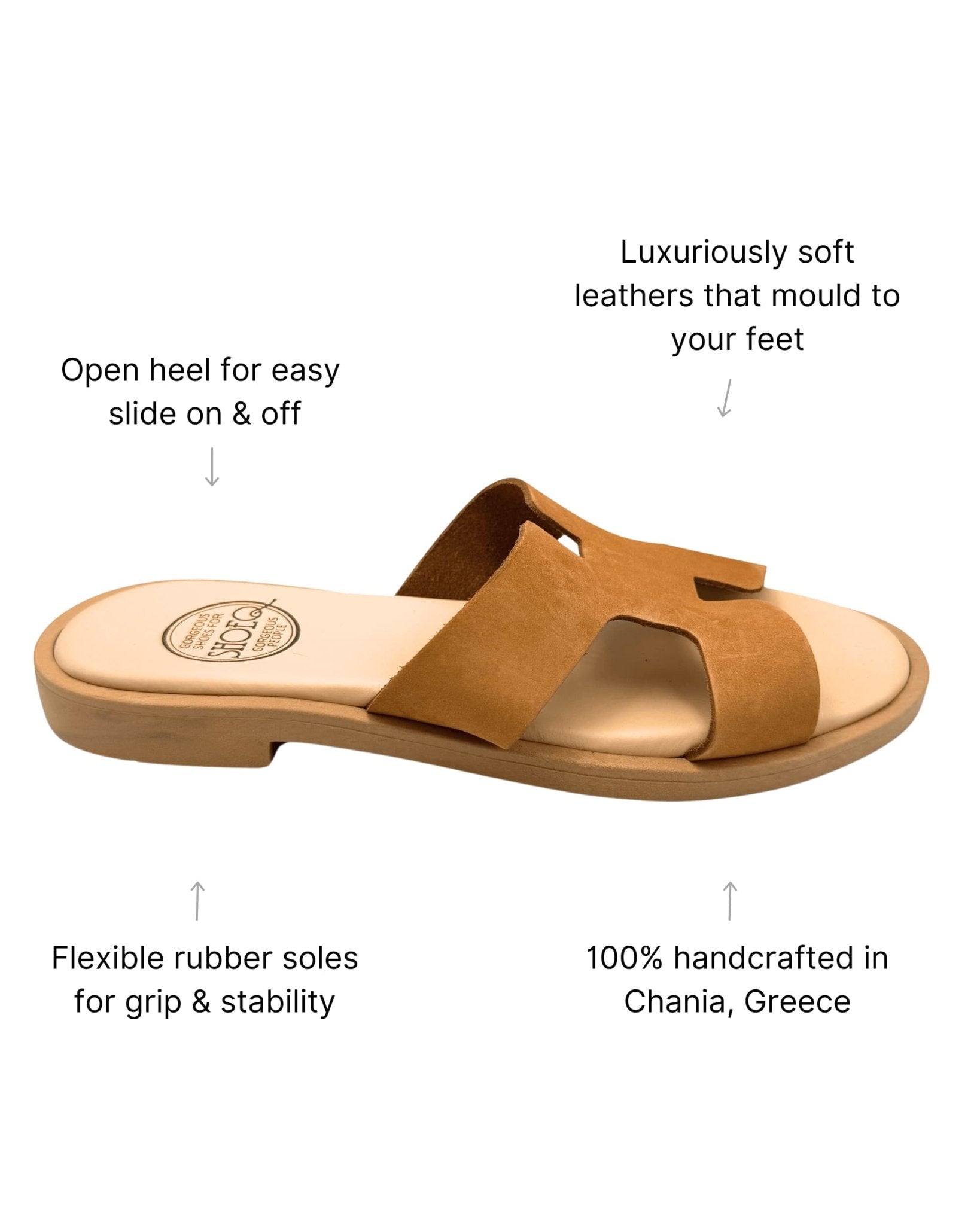 Toffee suede slides side view Greece handmade cushioned soft