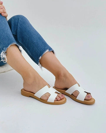 Hania Luxe white leather cushioned slides Dubai flat shoes Greece