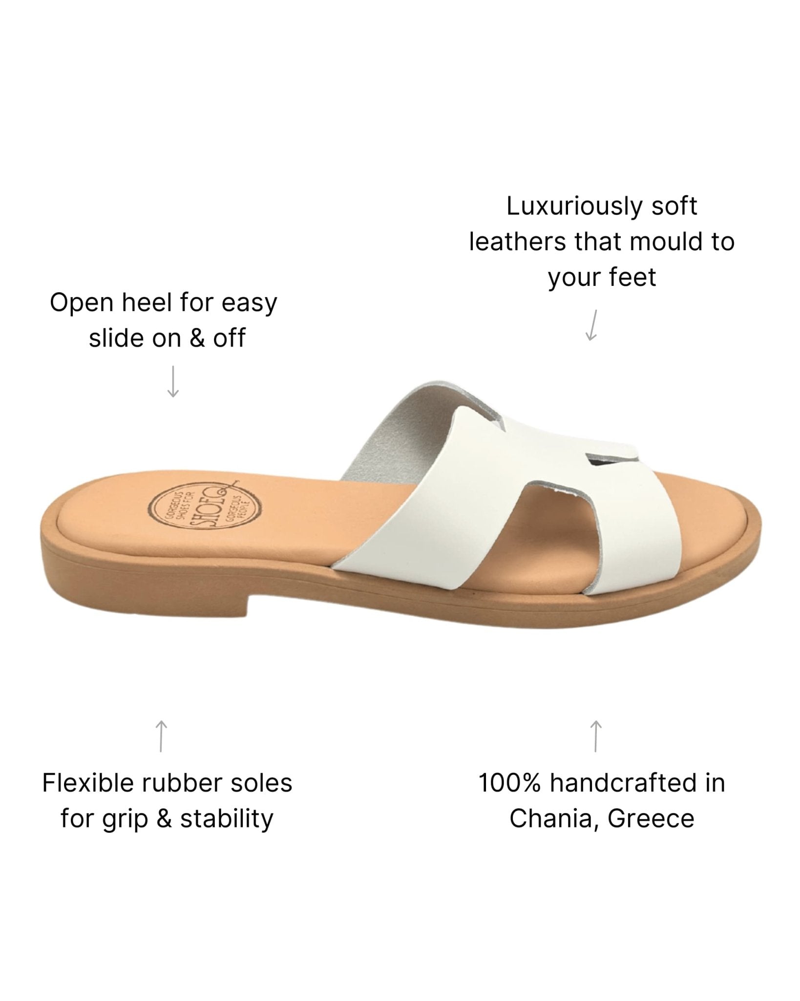 White leather slides side view Greece handmade cushioned clean